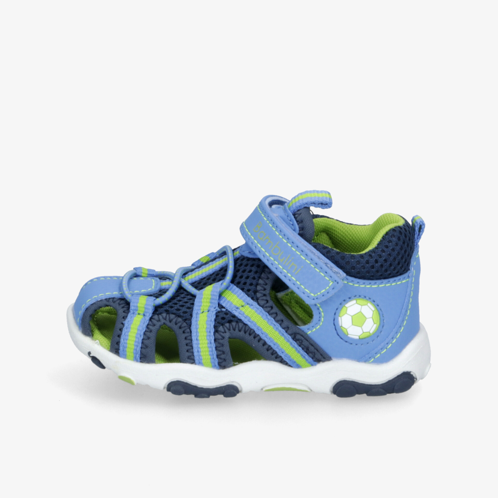 Leichte blaue Sportsandale mit grünem Innenfutter, atmungsaktivem Mesh und verstellbarem Klettverschluss für optimalen Halt