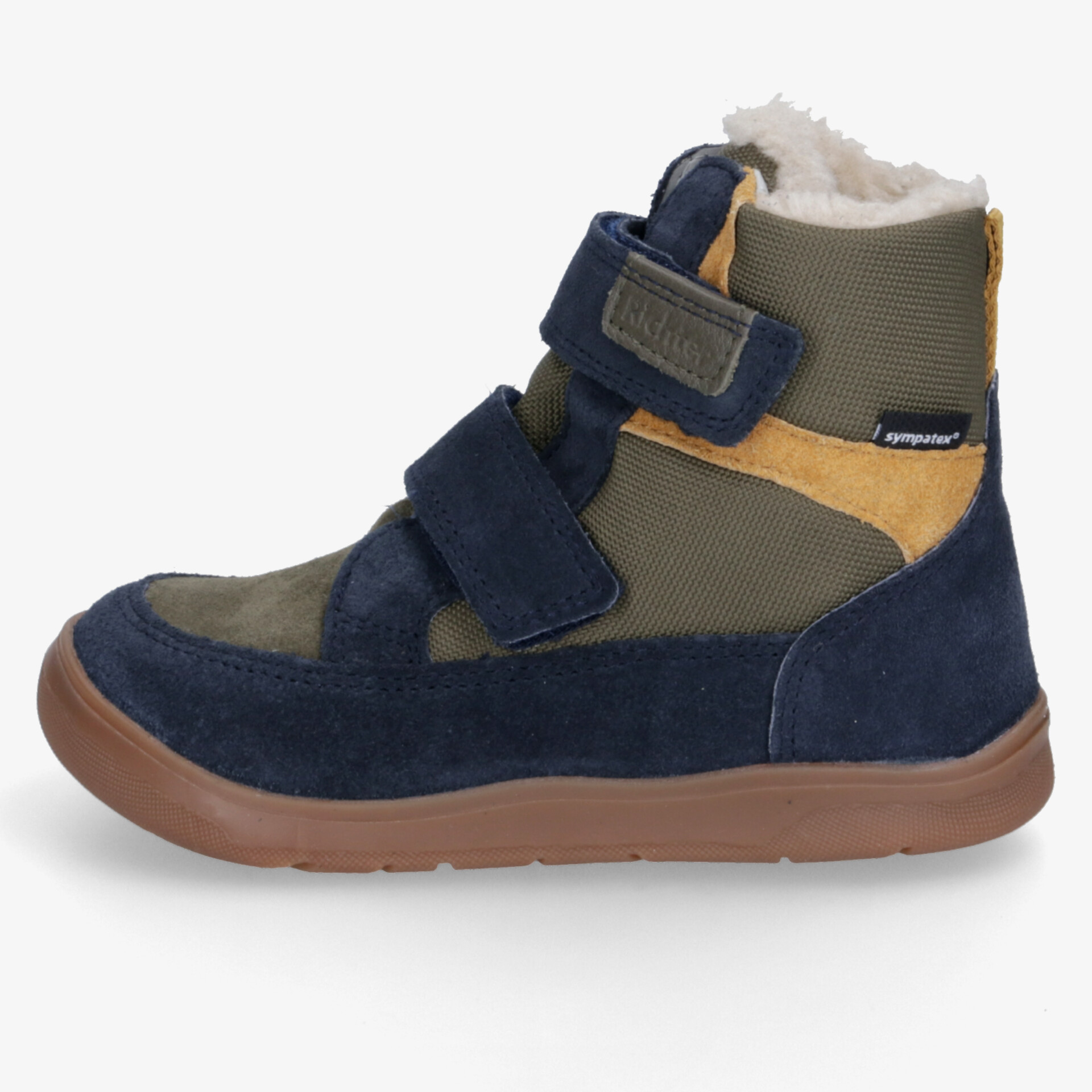 Warmer hoher Winterschuh mit stabilem Sohlenprofil und verstellbaren Klettverschlüssen in blau und braun
