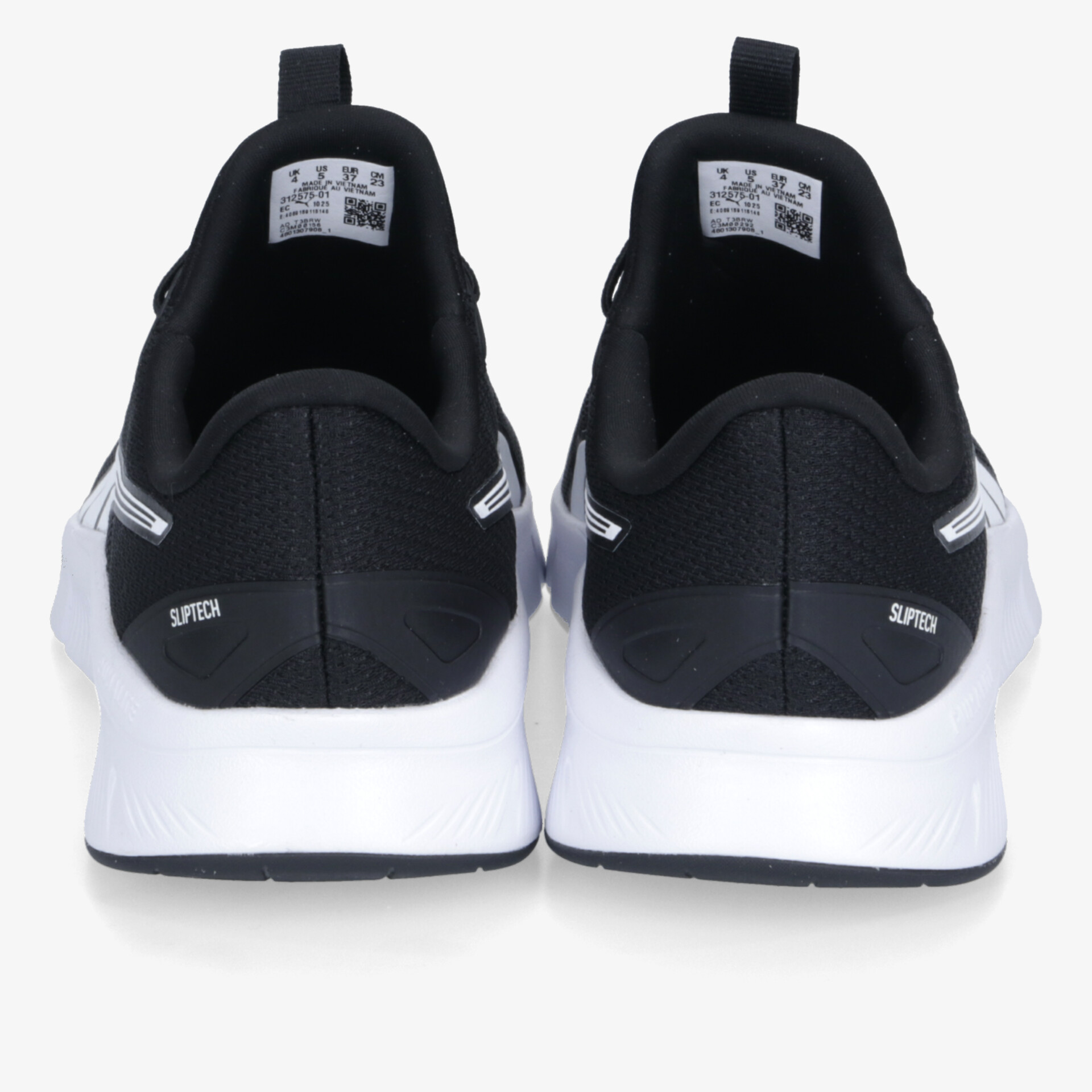 Rückansicht von zwei schwarzen und weißen Sportschuhen mit Komfort und stabiler Sohle