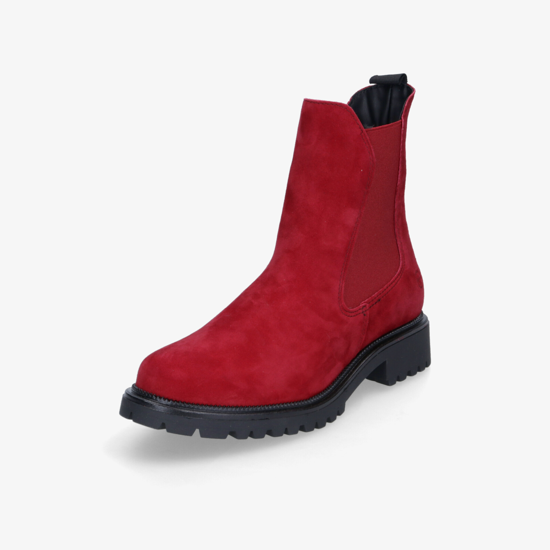 Robuster roter Chelsea Boot mit rutschfester Sohle, flexible Passform und hochwertigem Material in klarer Seitenansicht