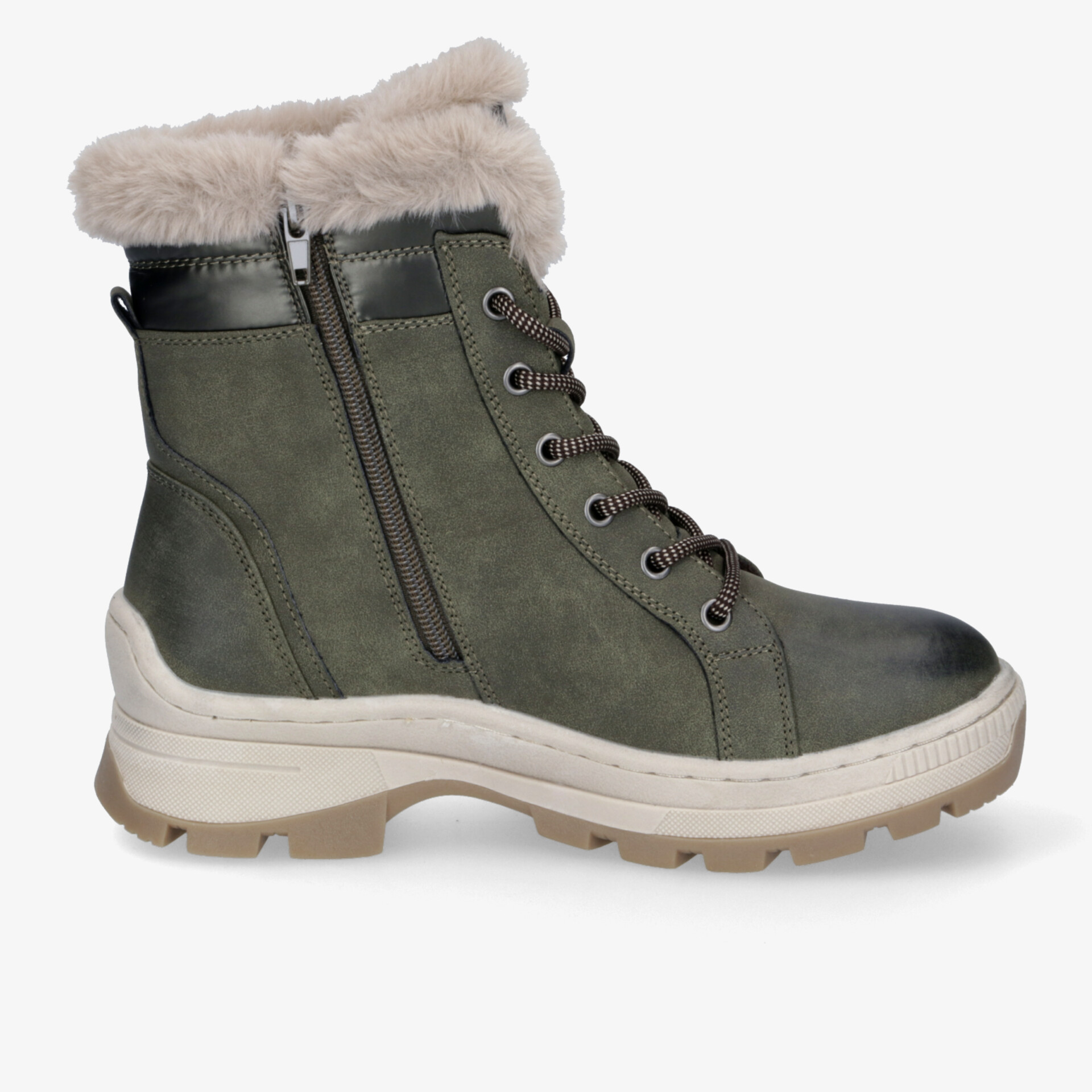 Gefütterter warmer Winterstiefel in grüner Farbe mit robustem Profil und praktischem Reißverschluss seitlich