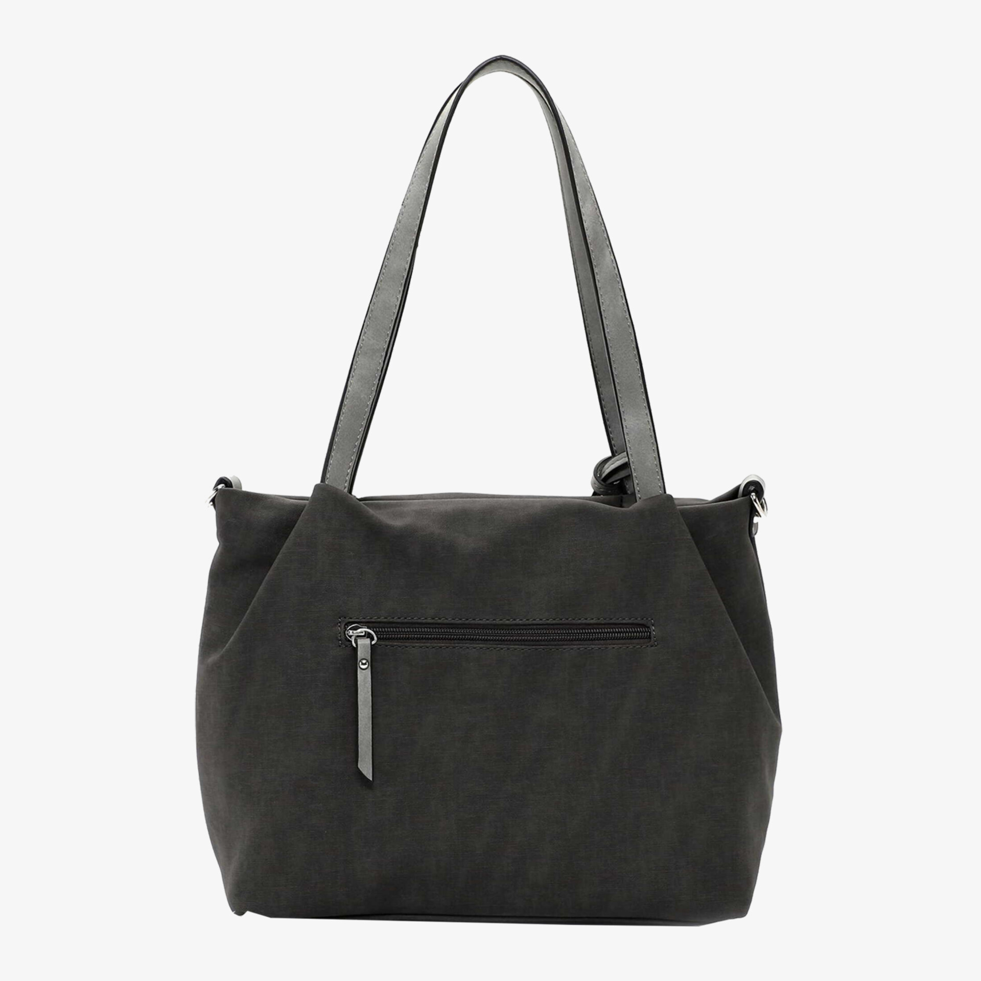 Stilvolle schwarze Handtasche mit Reißverschluss und langen Henkeln, ideal für Alltag und besondere Anlässe.