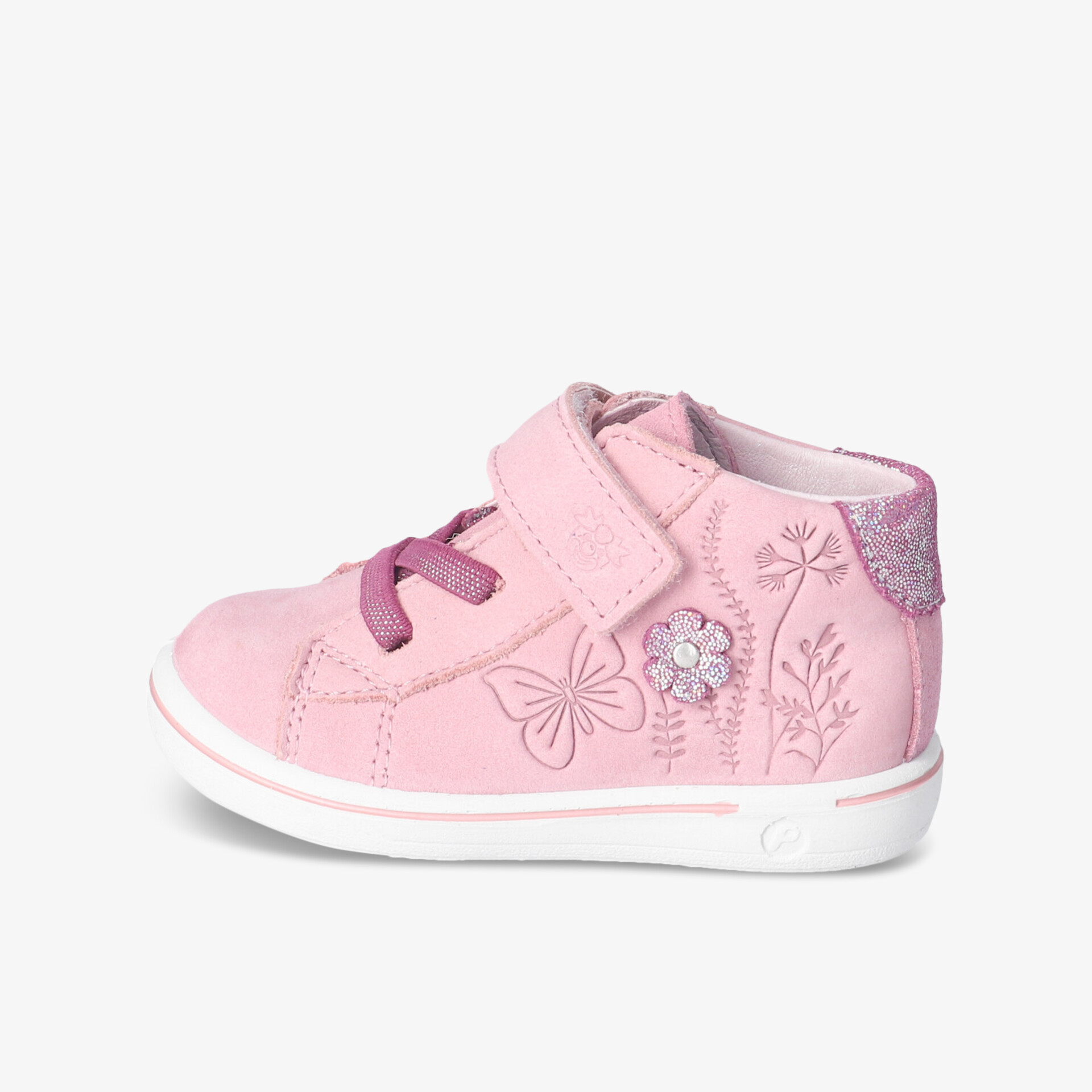 Rosa Kinderschuh mit Klettverschluss und Schmetterlingsmuster, ideal für Komfort und Style.