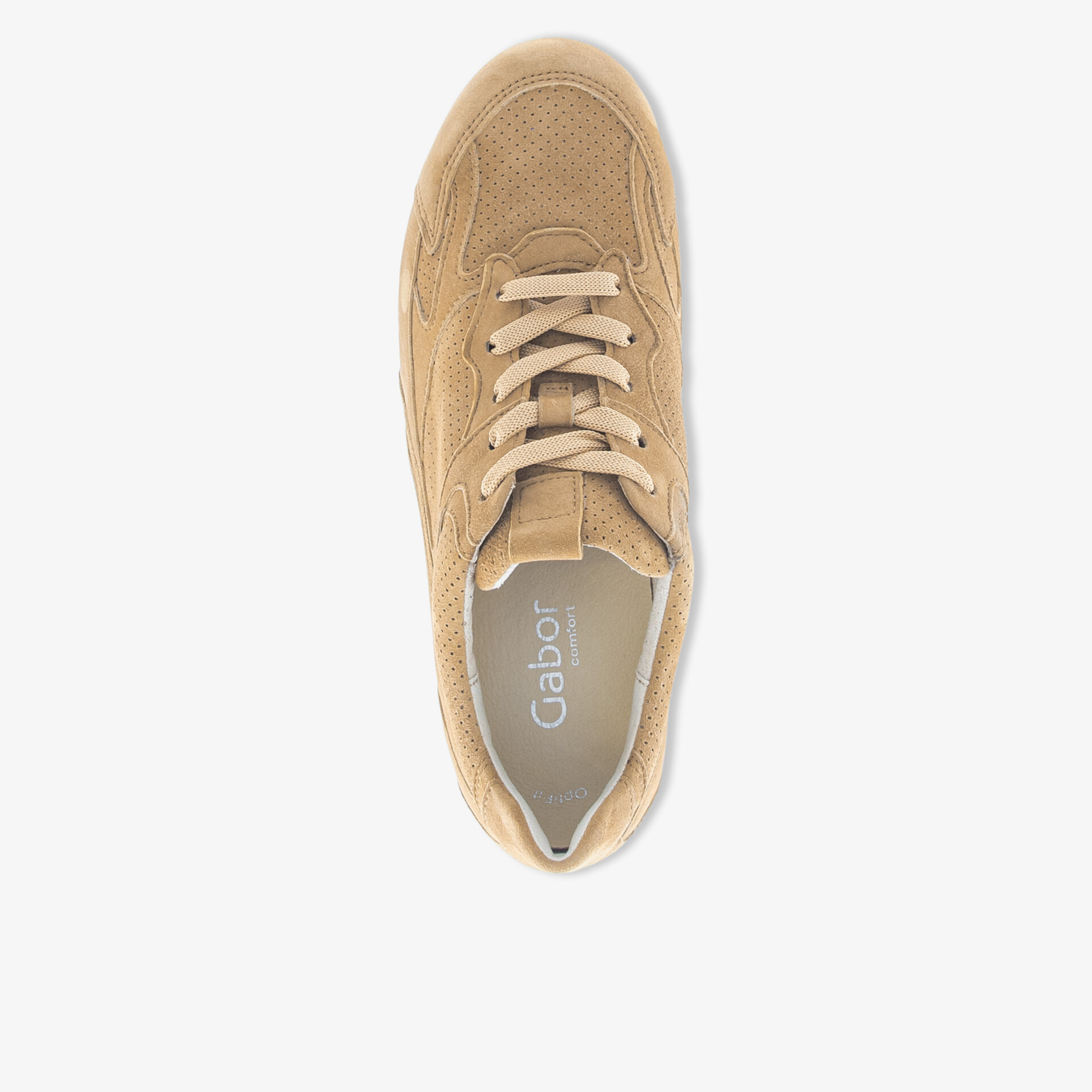 Obenansicht eines beigen Sneakers mit konventioneller Schnürung und gepolstertem Innenfutter.