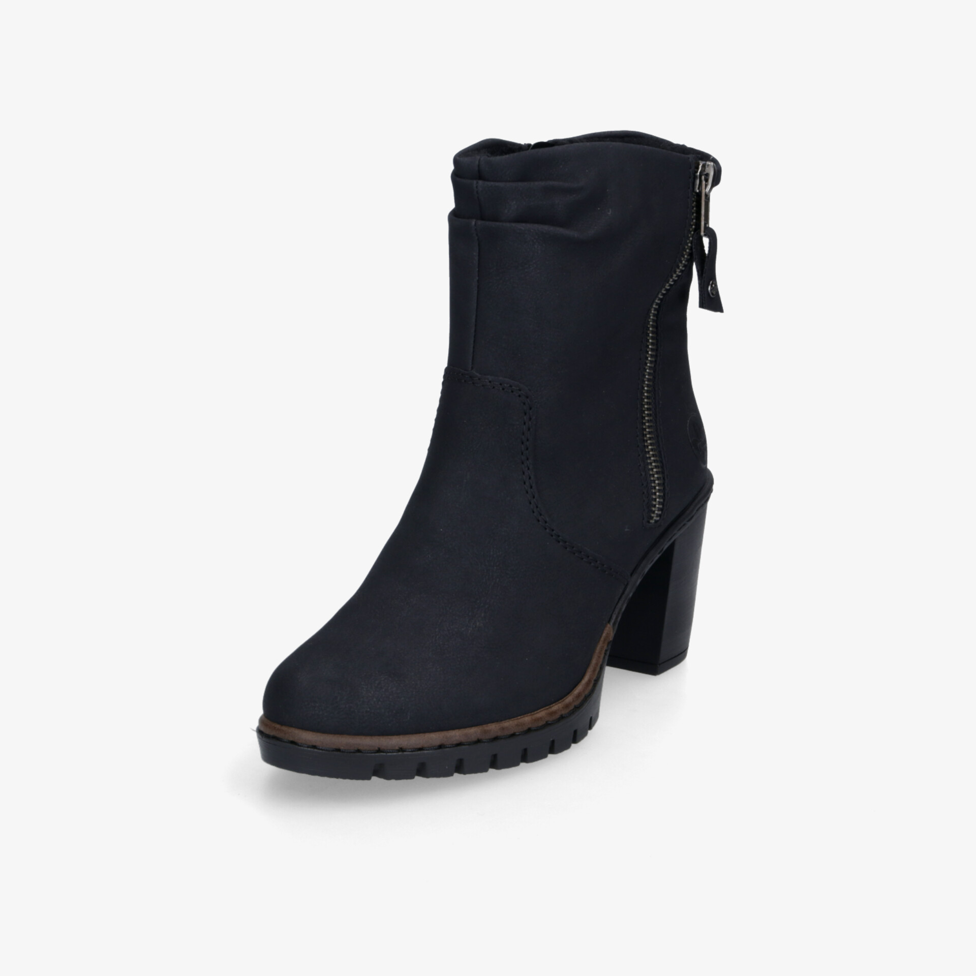 Schwarzer Stiefel mit hohem Absatz und Reißverschluss, elegantes Design und bequeme, rutschfeste Sohle sichtbar