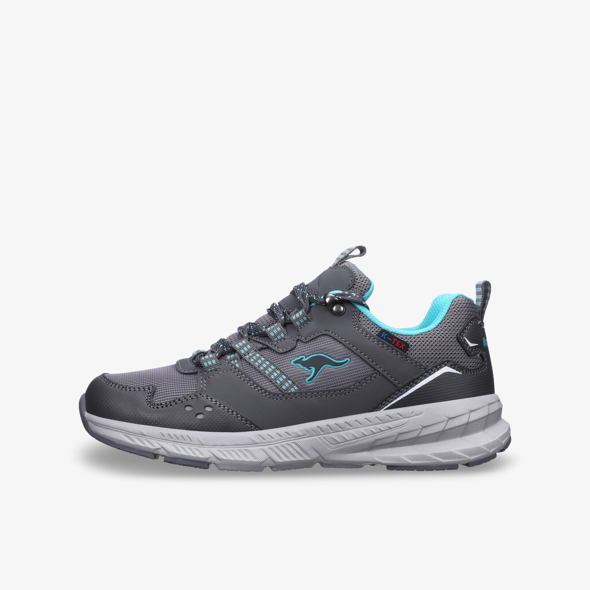 Grauer Turnschuh mit türkisen Akzenten, dynamisches Design, optimaler Tragekomfort und Atmungsaktivität.