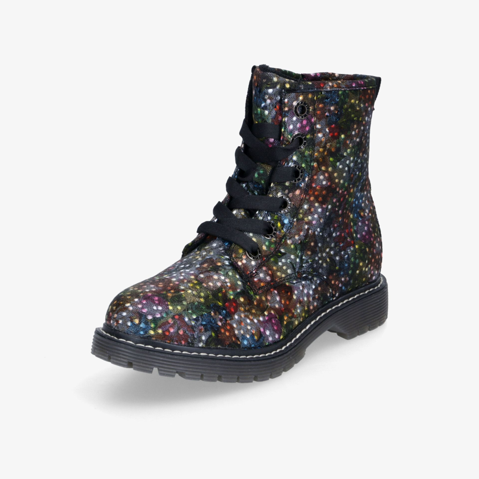 bunte Schnürstiefel in schräger Frontansicht mit robustem Profil und modischem Design