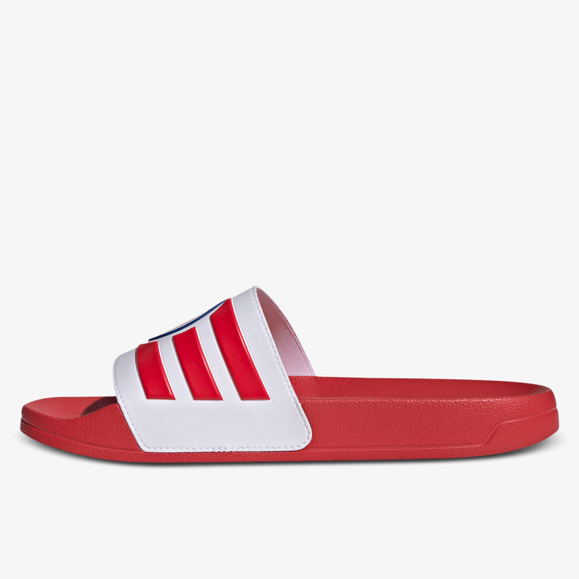 Seitliche Ansicht eines bequemen roten Badeschuhs mit weißem Riemen und sportlichem Design