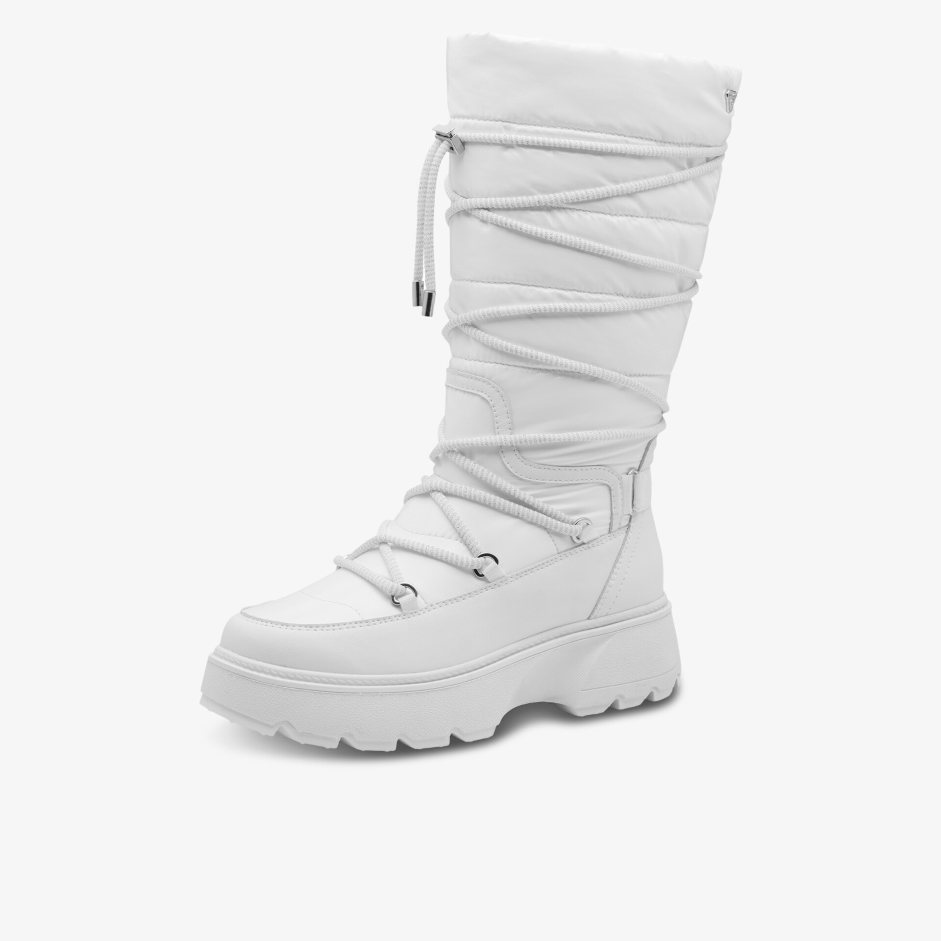 Weißer warmer Winterstiefel mit höhrem Schaft, wattiert und profilierter Sohle, modisch und funktional