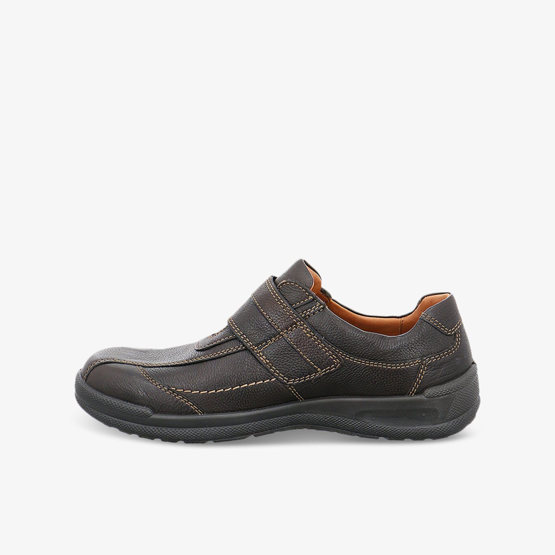 Eleganter Lederschuh mit Klettverschluss und rutschfester Sohle für höchsten Tragekomfort.