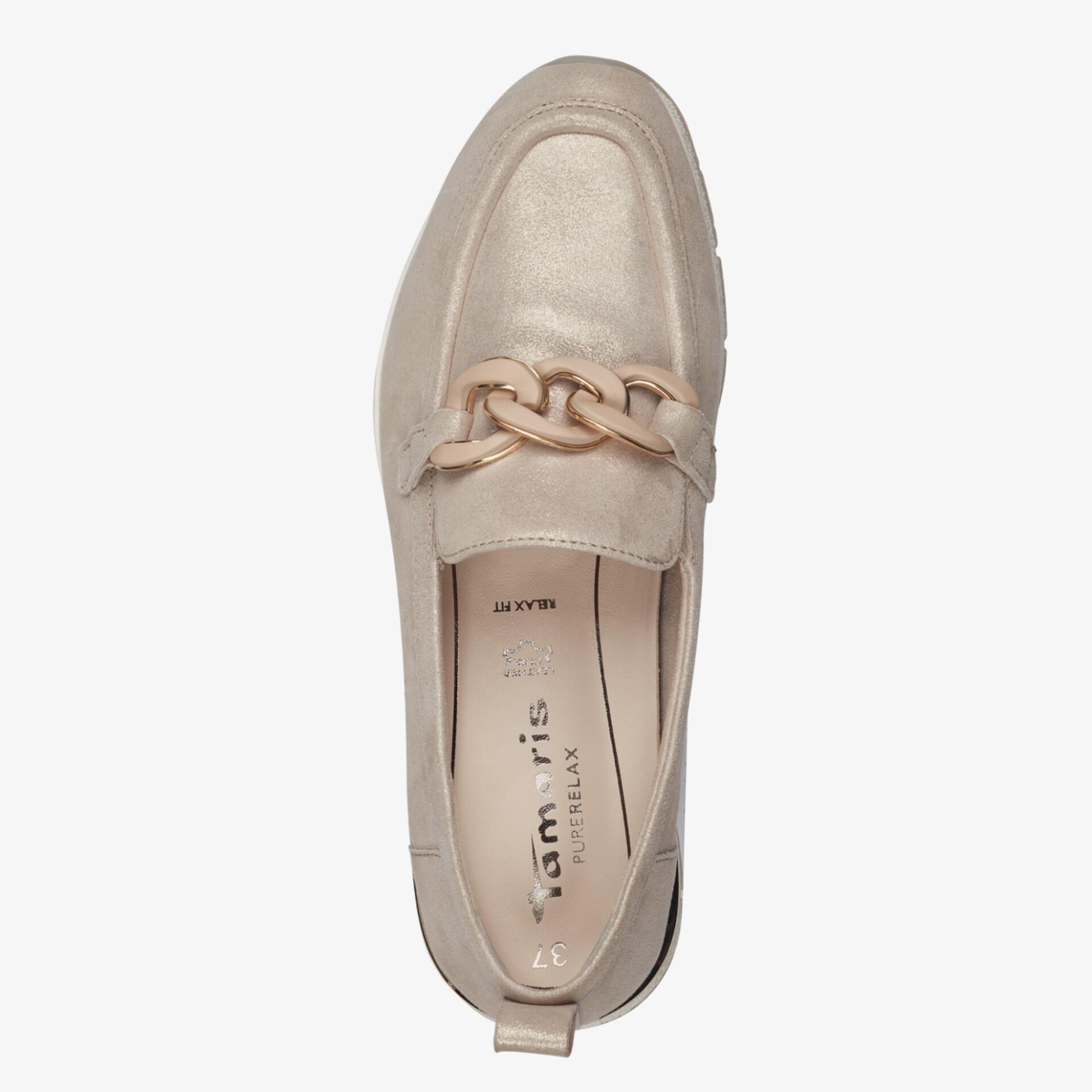 Eleganter Loafer mit metallic Glanz und modischer Kettendetail, bequem und leicht im Tragekomfort