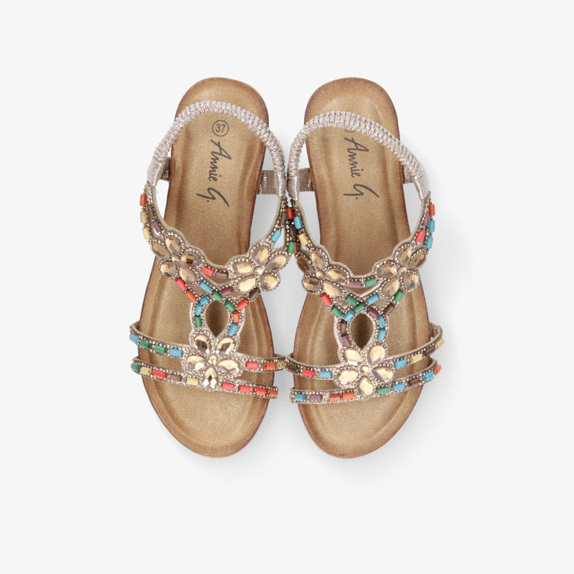 Leicht gepolsterte bunte Sandalen mit verzierten Riemen, komfortabel und modisch, Paar von oben sichtbar