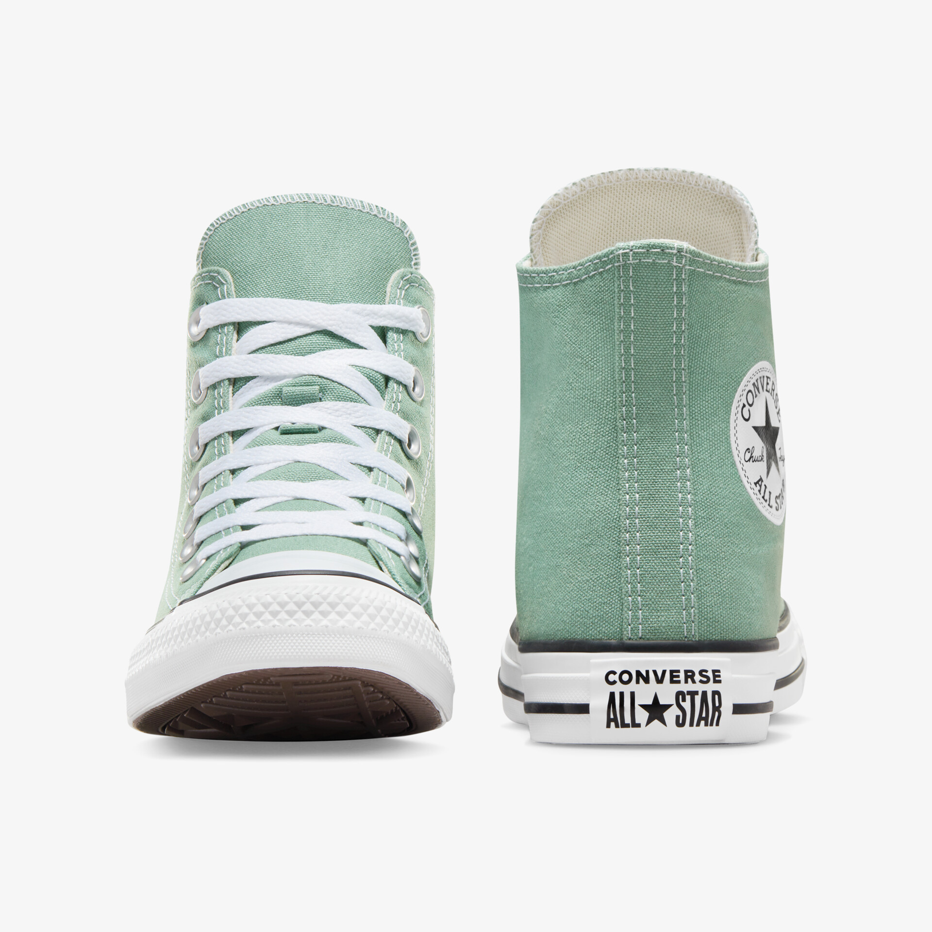 Converse All Star Schuh High Top in grün mit weißer Sohle, Vorder- und Rückansicht, langlebig und bequem