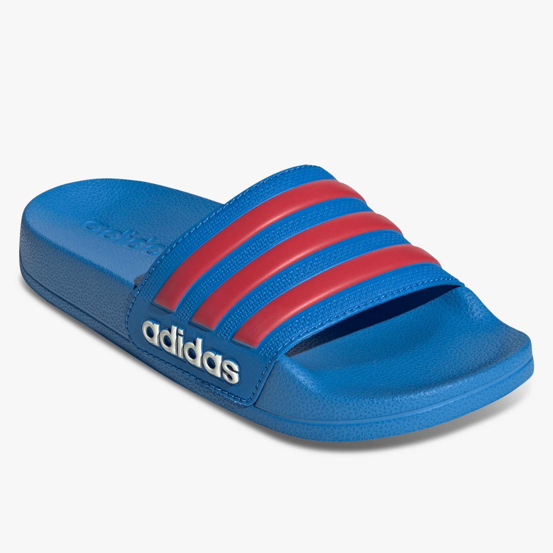 Blauer Adidas Slide mit roten Streifen, komfortabel und leicht für vielseitigen Einsatz