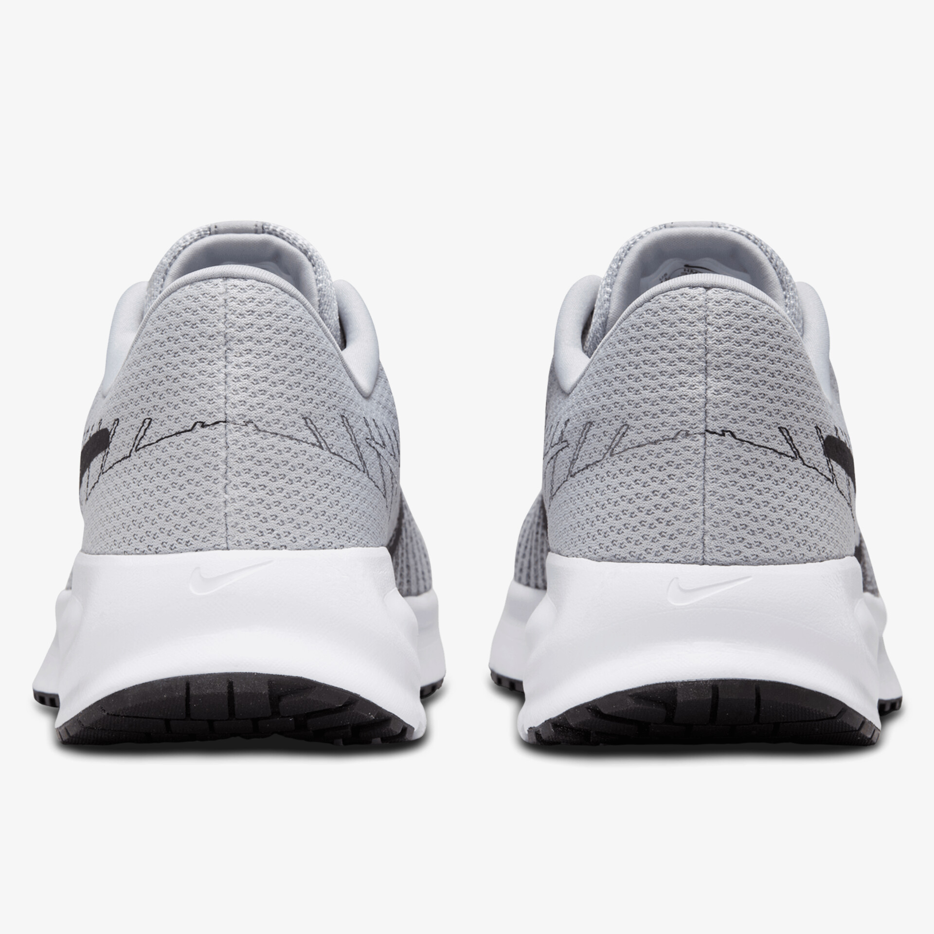 Rückansicht grauer Sneaker mit schwarzem Akzent und weißer Sohle