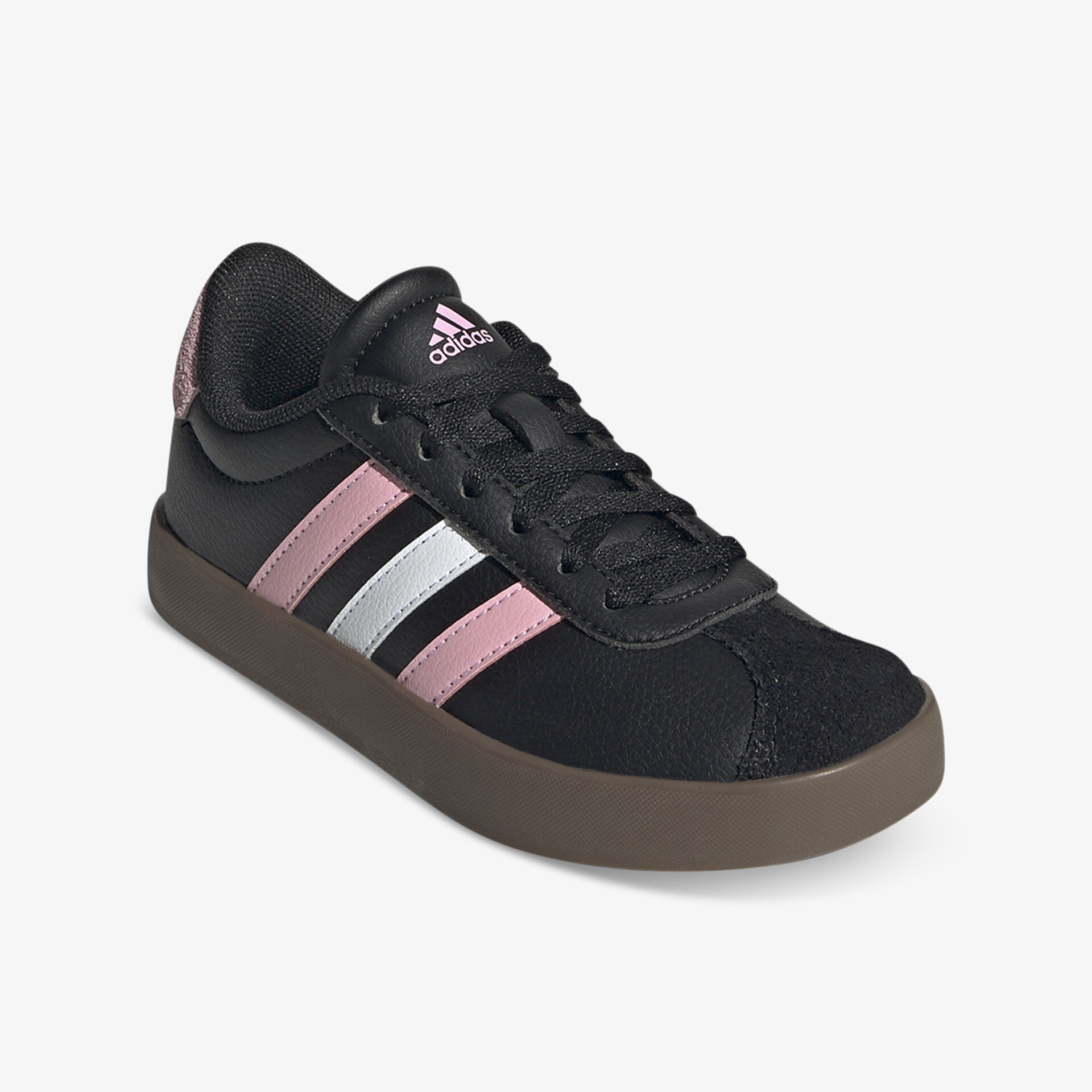 Schwarzer Adidas Schuh mit rosa und weißen Streifen, sportlich und bequem, seitliche Ansicht