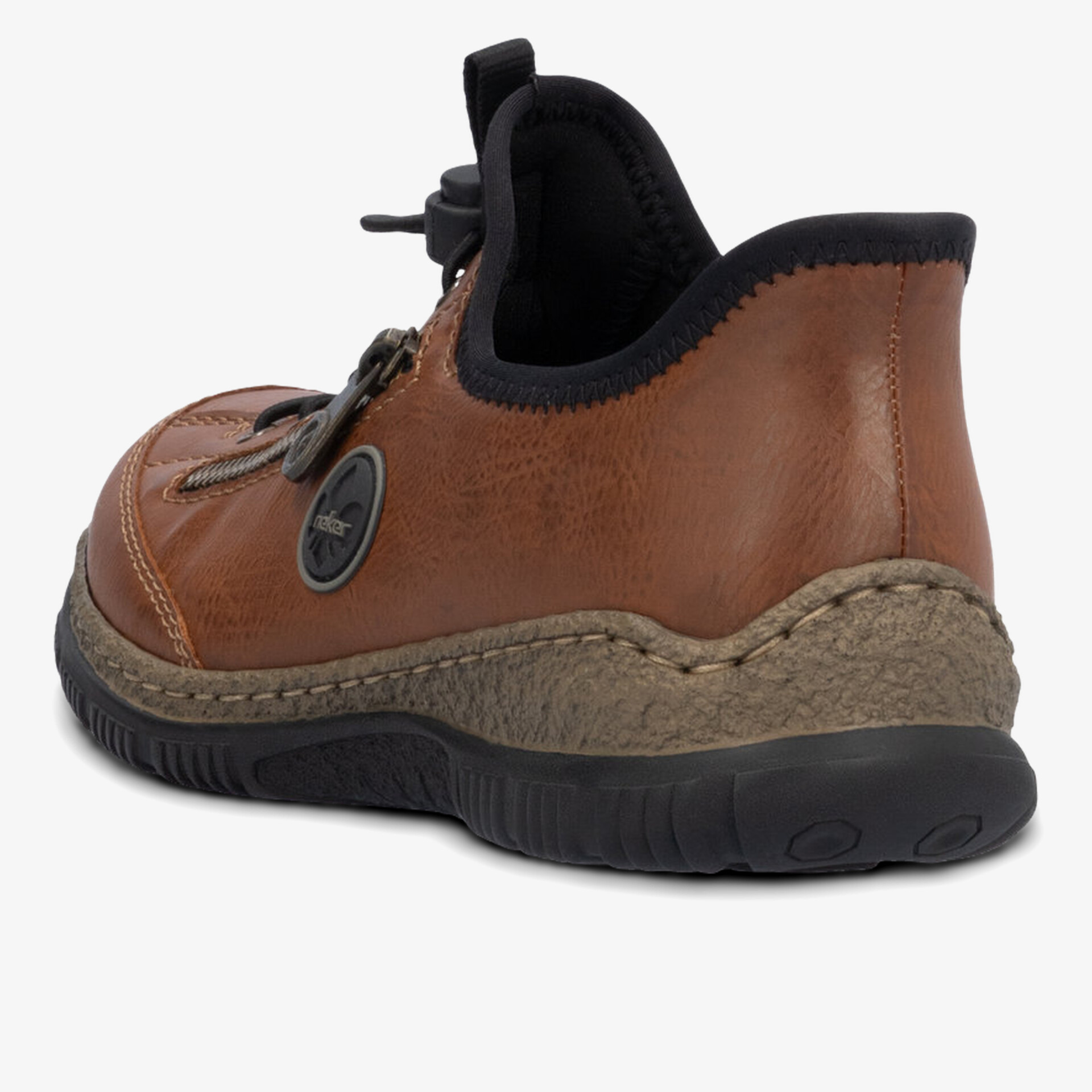 Bequemer brauner Lederschuh mit weicher Polsterung und rutschfester Gummisohle, seitliche Ansicht