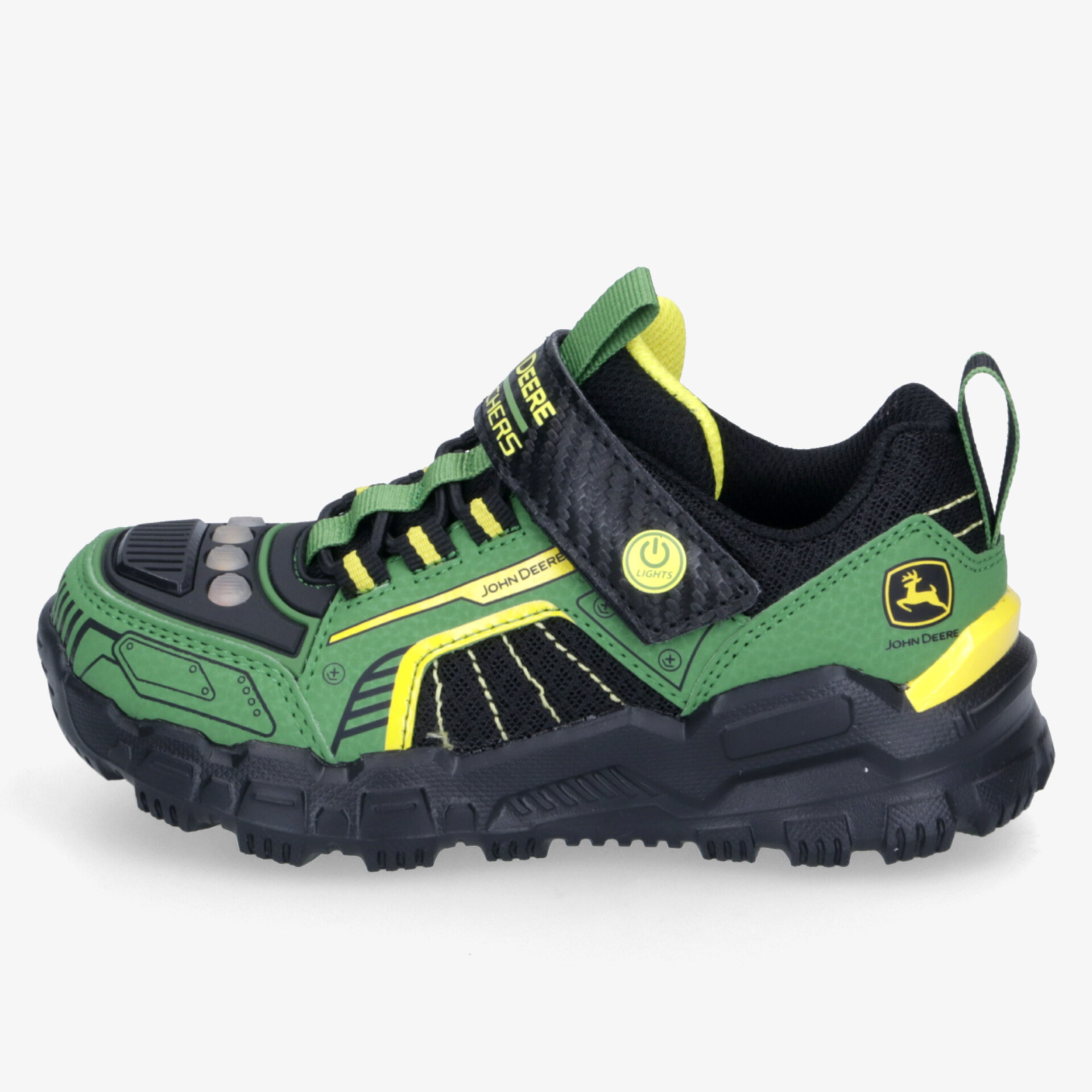 Robuster Outdoor-Trail-Laufschuh in Grün und Schwarz mit gelben Akzenten, griffiger Sohle und bequemer Passform