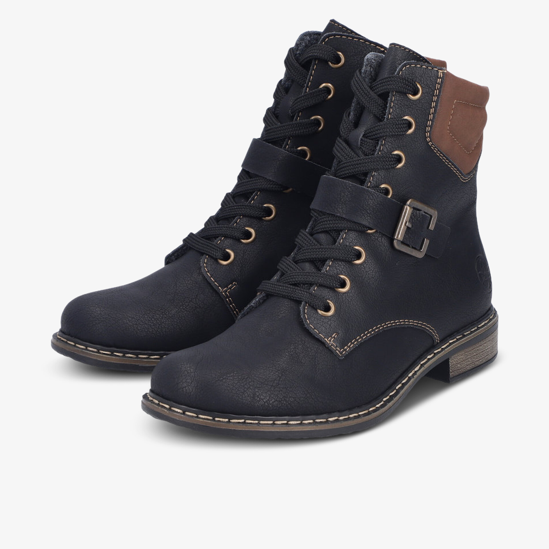 Schwarzer Schnürstiefel mit braunem Fersenakzent und dekorativer Schnalle, modisch und bequem