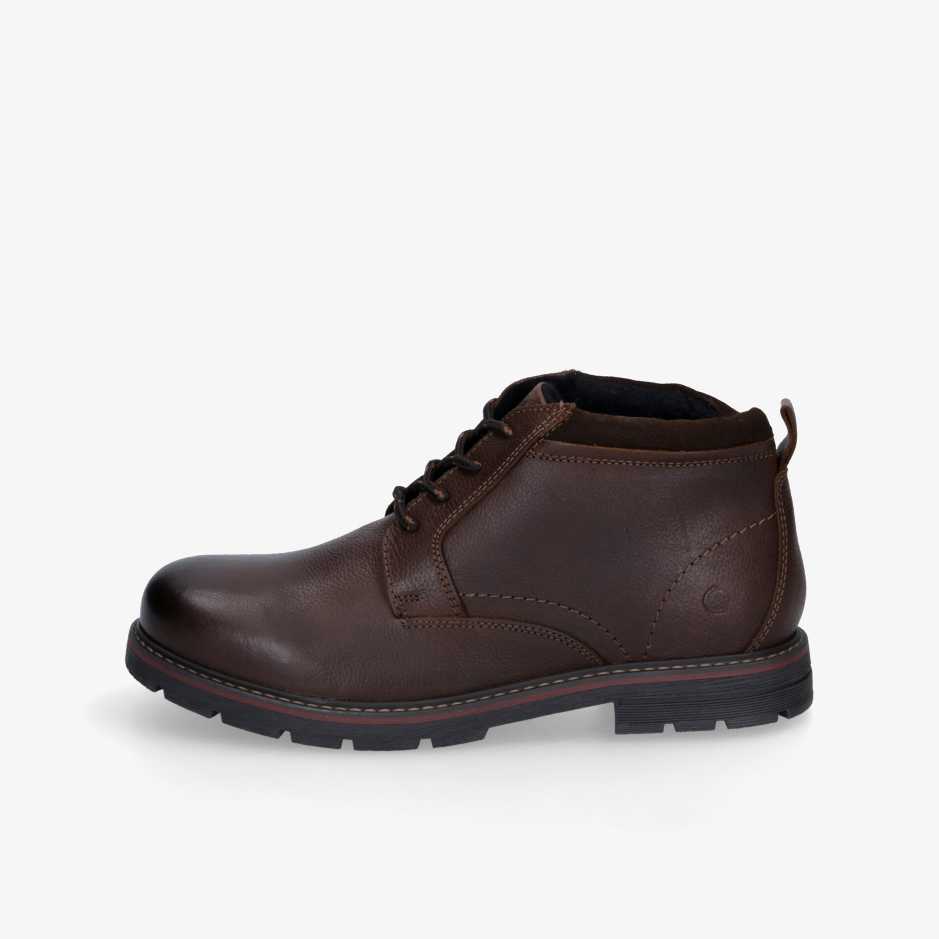 Robuster brauner Lederstiefel seitliche Ansicht mit gepolstertem Knöchelbereich und rutschfester Sohle