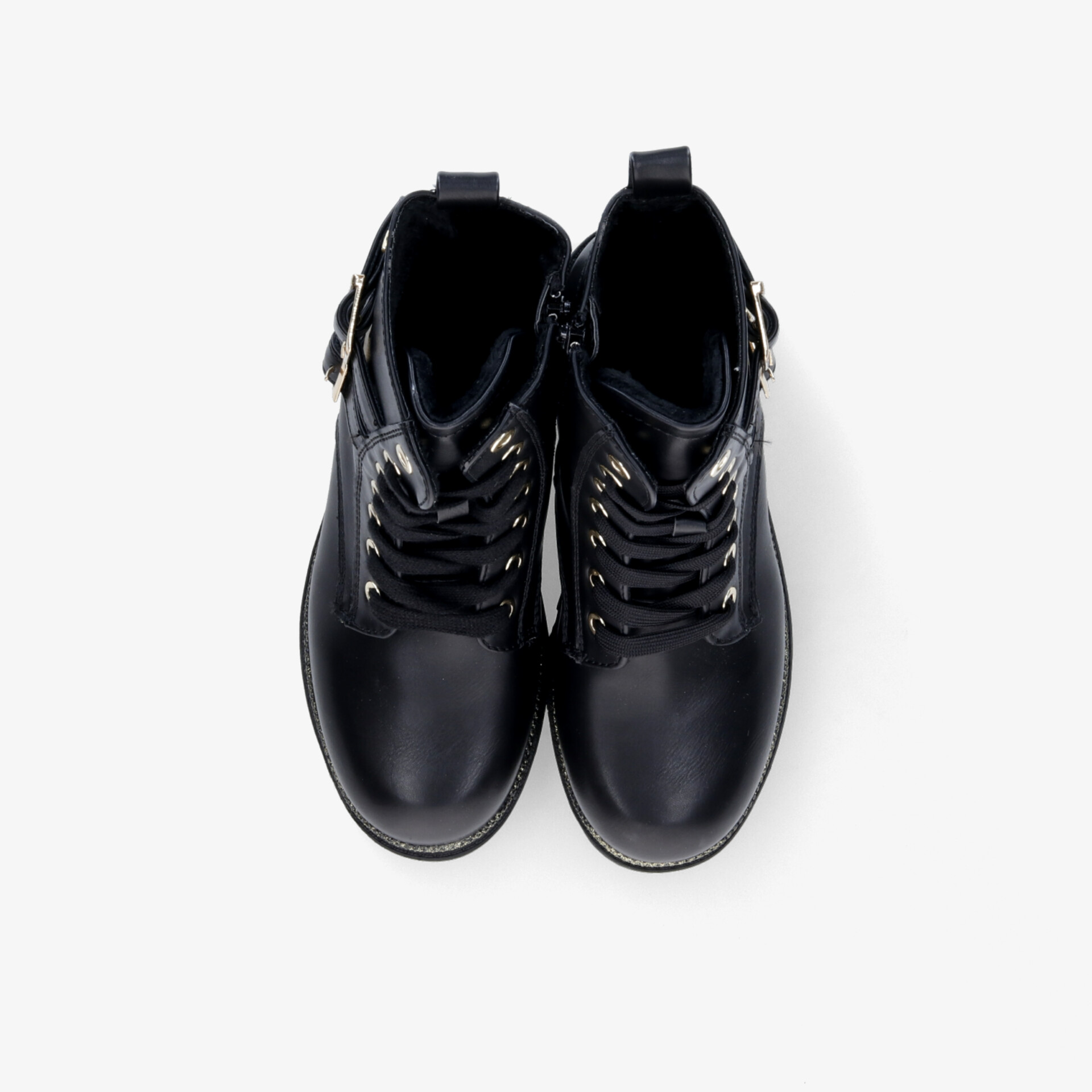 Schwarze Lackleder Stiefeletten mit modischer Schnürung und robustem Absatz in eleganter Top-Down-Ansicht