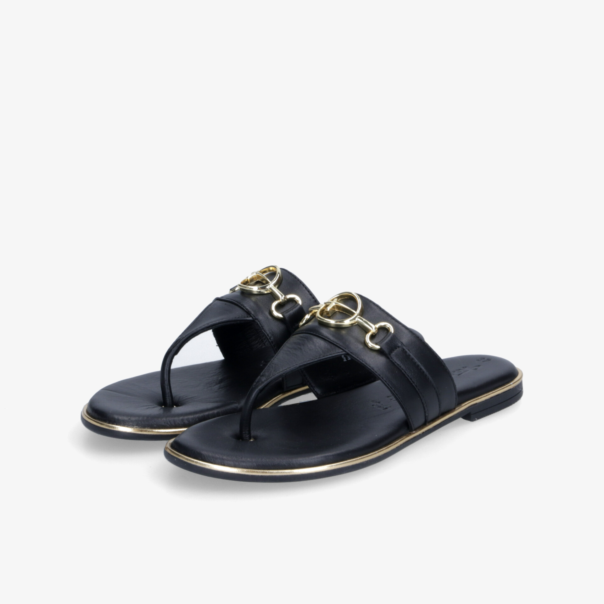Elegante schwarze Zehentrenner Sandalen mit goldener Metallverzierung und flacher, bequemer Sohle