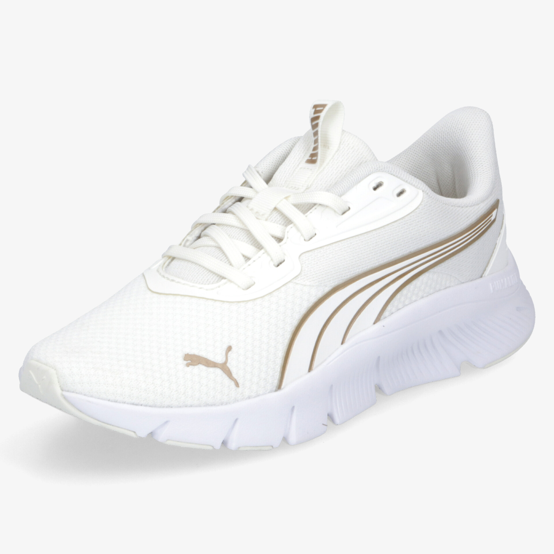 Moderner weißer Sneaker mit goldenen Akzenten, atmungsaktivem Material und rutschfestem Design für maximalen Komfort.