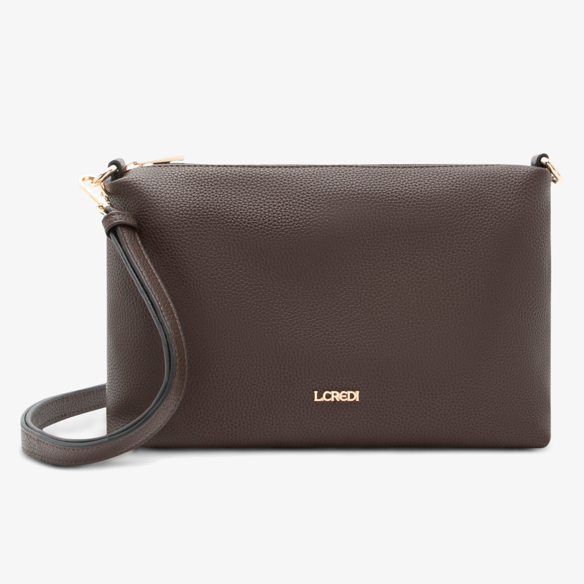 Elegante kompakte tasche aus hochwertigem braunem leder mit feiner struktur und goldfarbenem logo vorne