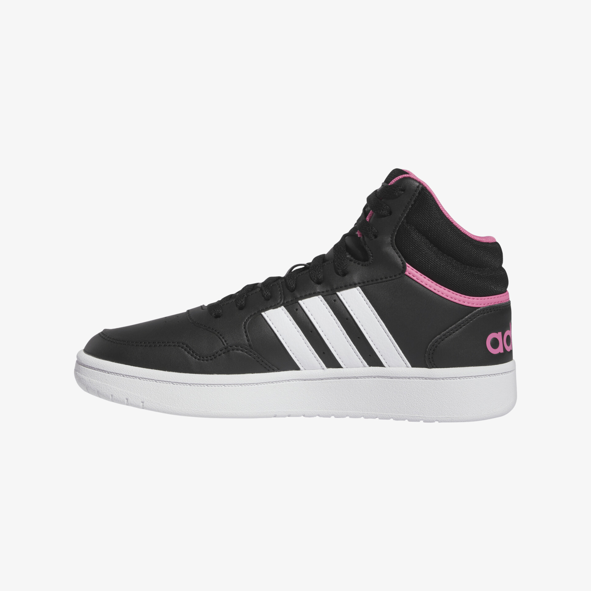 Modischer schwarzer Sneaker mit weißen Streifen und rosa Akzenten, ideal für Sport und Freizeit.