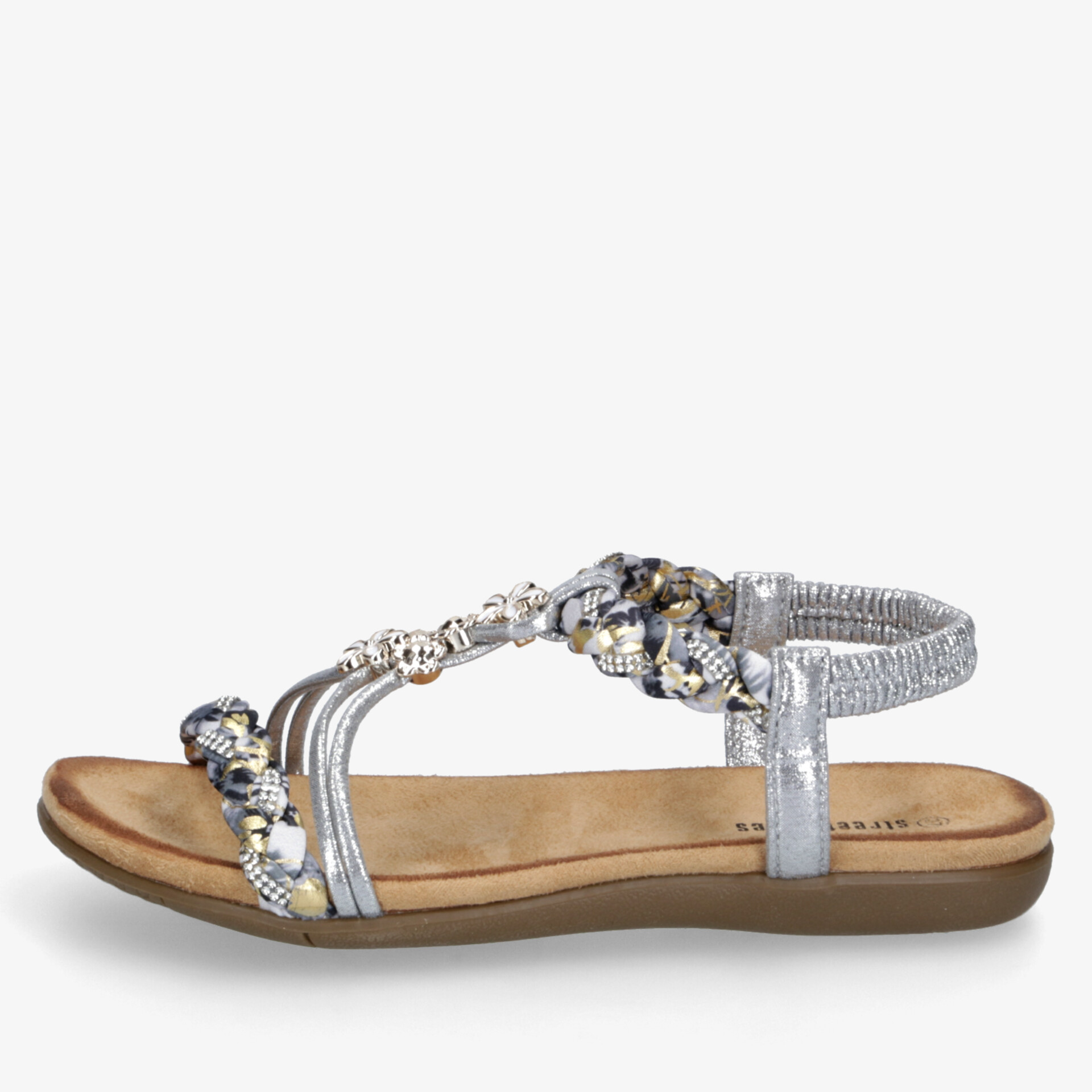 Bequeme Sandale mit dekorativen Steinen, flacher Sohle und flexiblen Riemen, ideal für sommerliche Outfits
