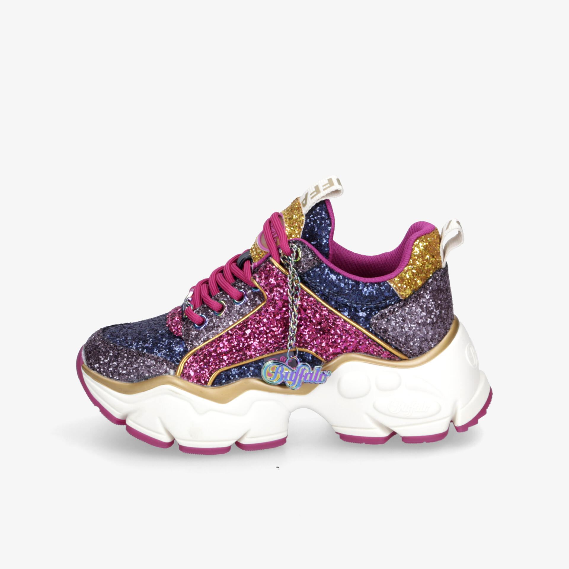 Modischer Chunky Sneaker mit bunter Glitzeroptik, weißer dicker Sohle und praktischem Reißverschluss seitlich