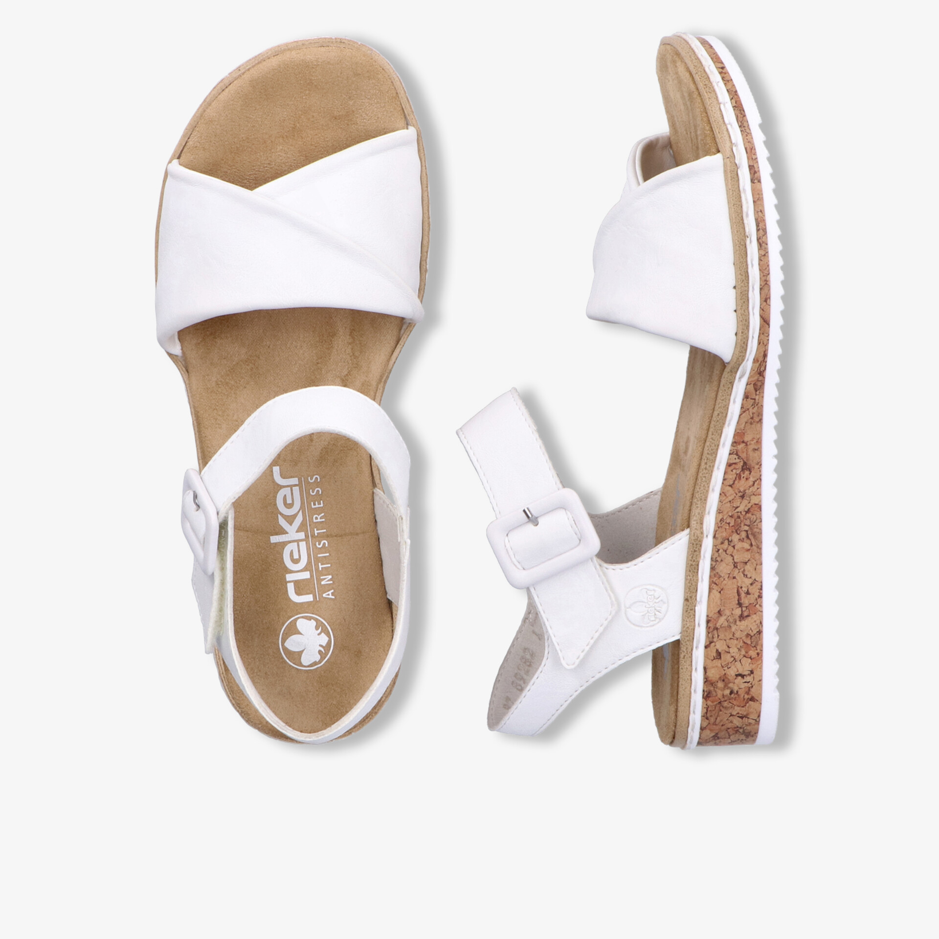 Weiße Sandale mit verstellbarem Riemen und bequemer Korksohle für angenehmen Tragekomfort
