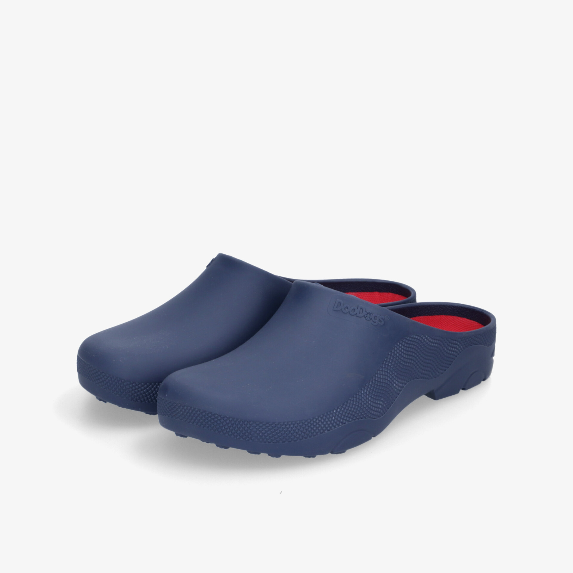 Blaue Clogs mit rotem Innenfutter, komfortabel und pflegeleicht für vielseitige Anwendungen.