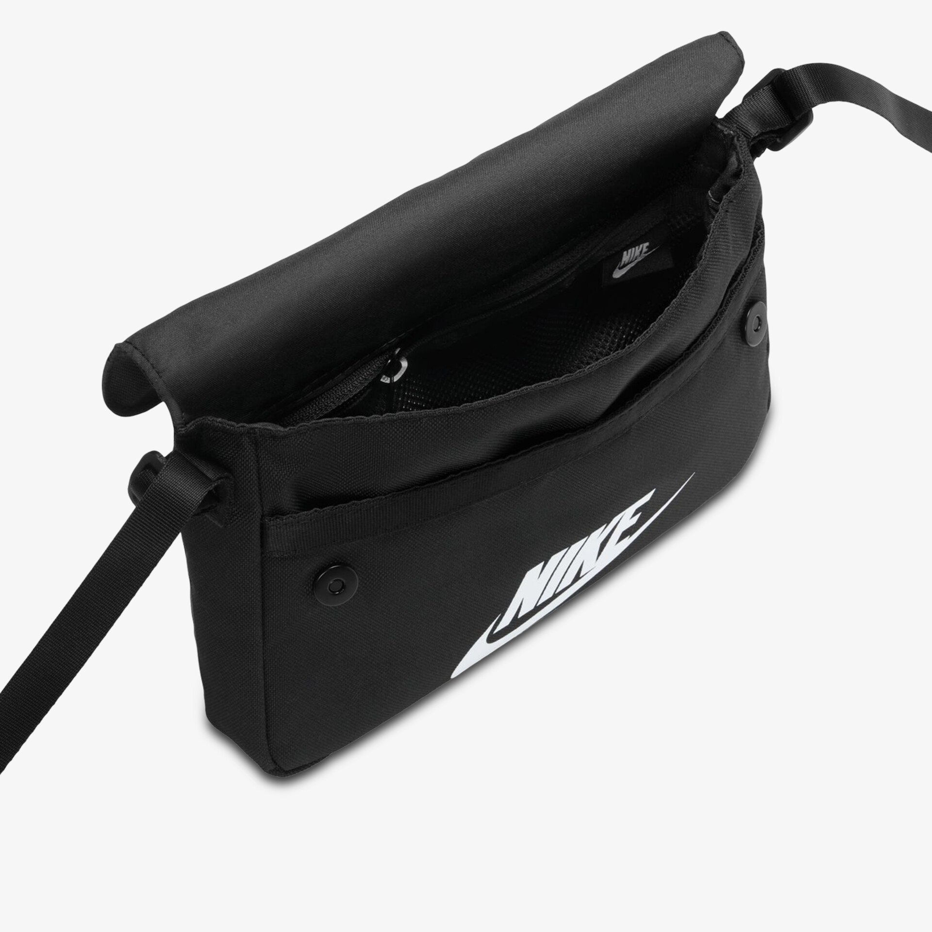 Schwarze Nike Umhängetasche mit verstellbarem Riemen und geräumigem Hauptfach, sportliches Design