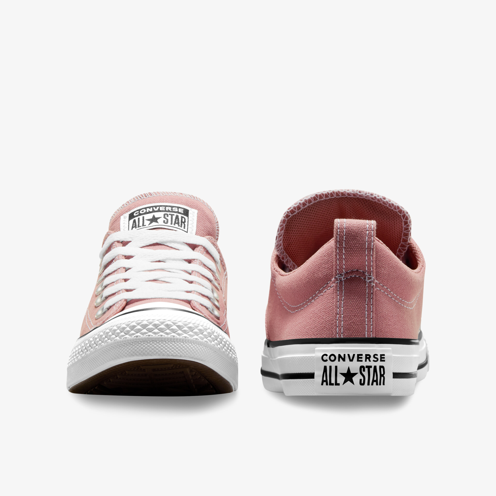 Rosa Converse All Star Sneaker in Front- und Rückansicht, mit sichtbaren Schnürsenkeln und Gummisohle
