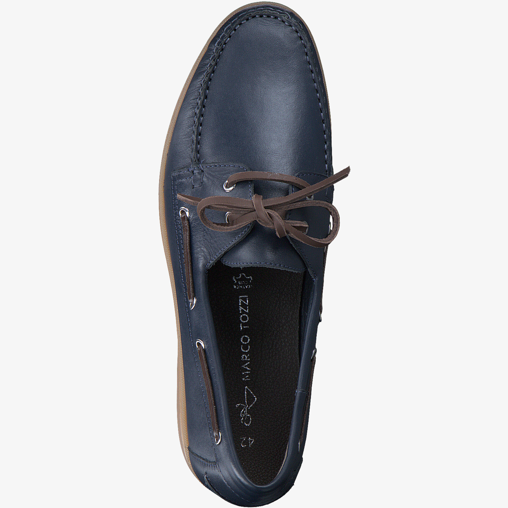 Blauer Bootsschuh aus Leder mit braunen Schnürsenkeln und feiner Naht für bequemes Tragen