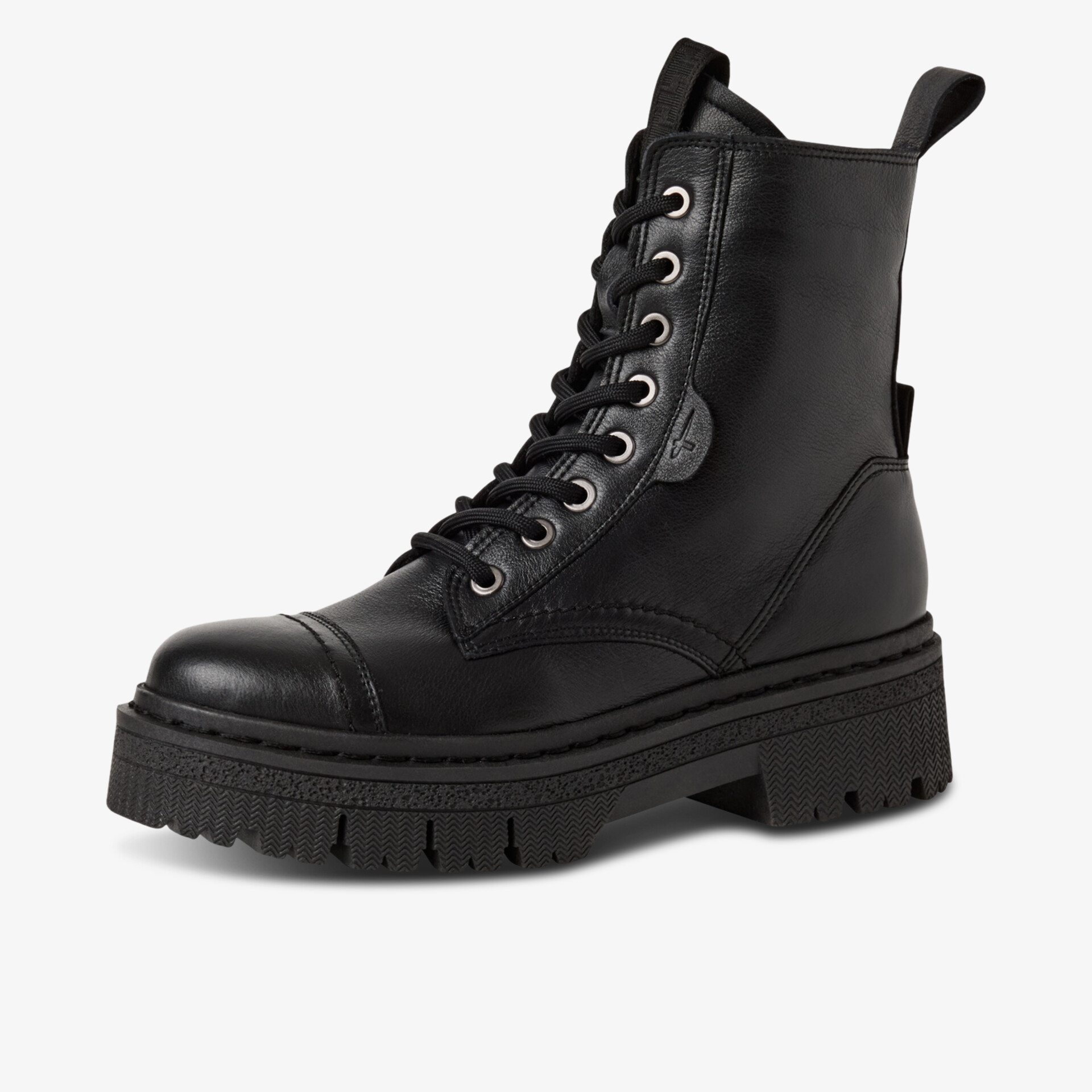 Robuster schwarzer Stiefel mit dicker Sohle und klassischer Schnürung, modisch und bequem