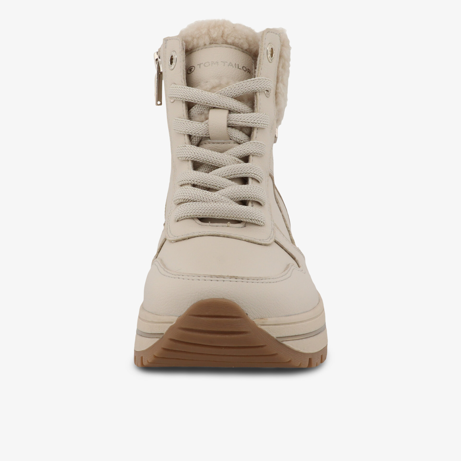 Beiger Sneaker mit hohem Schaft, Schnürung und Reißverschluss, profilierte Gummisohle, Frontansicht