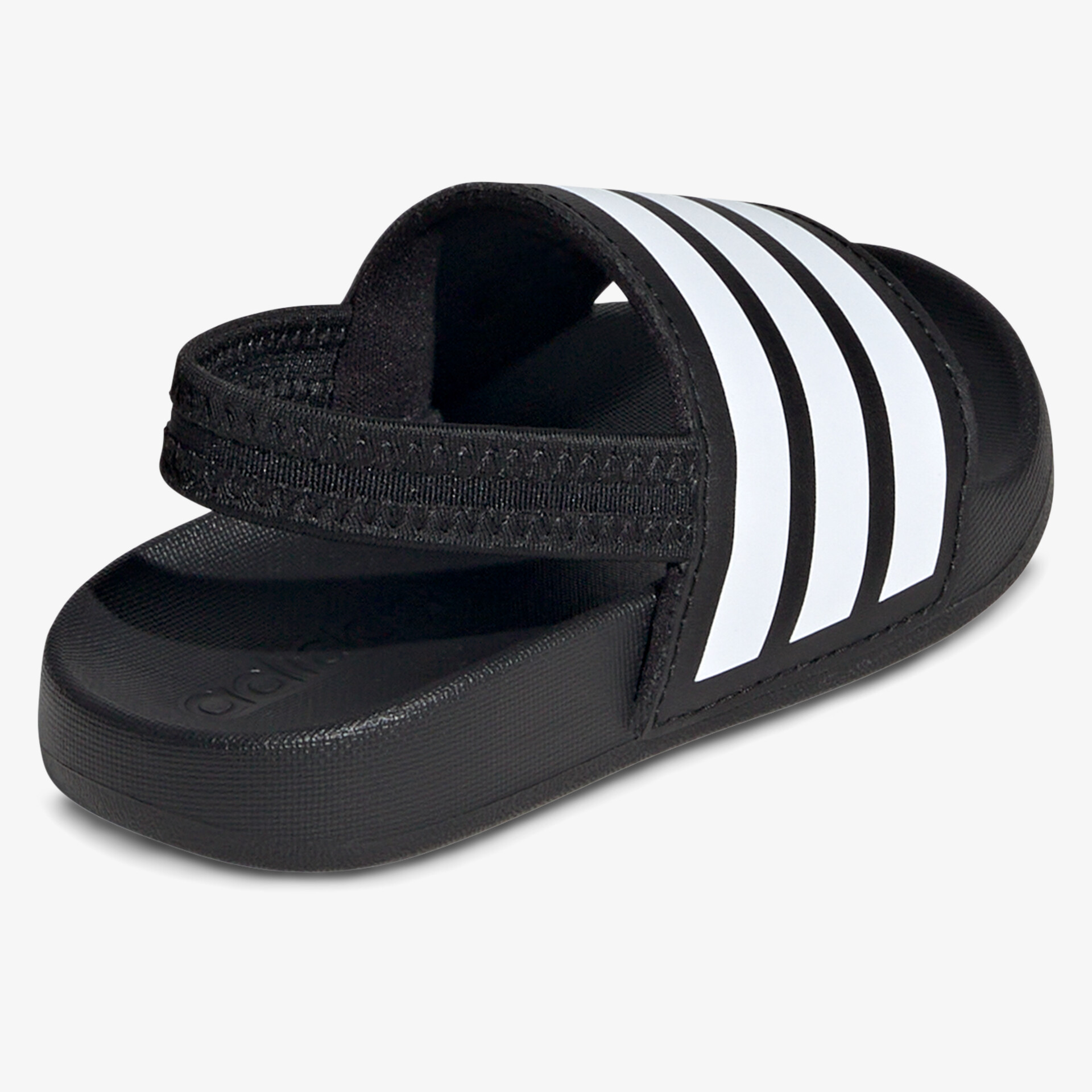 Schwarzer sportlicher Slide mit weißen Streifen, rutschfeste Sohle und gepolsterter Komfort