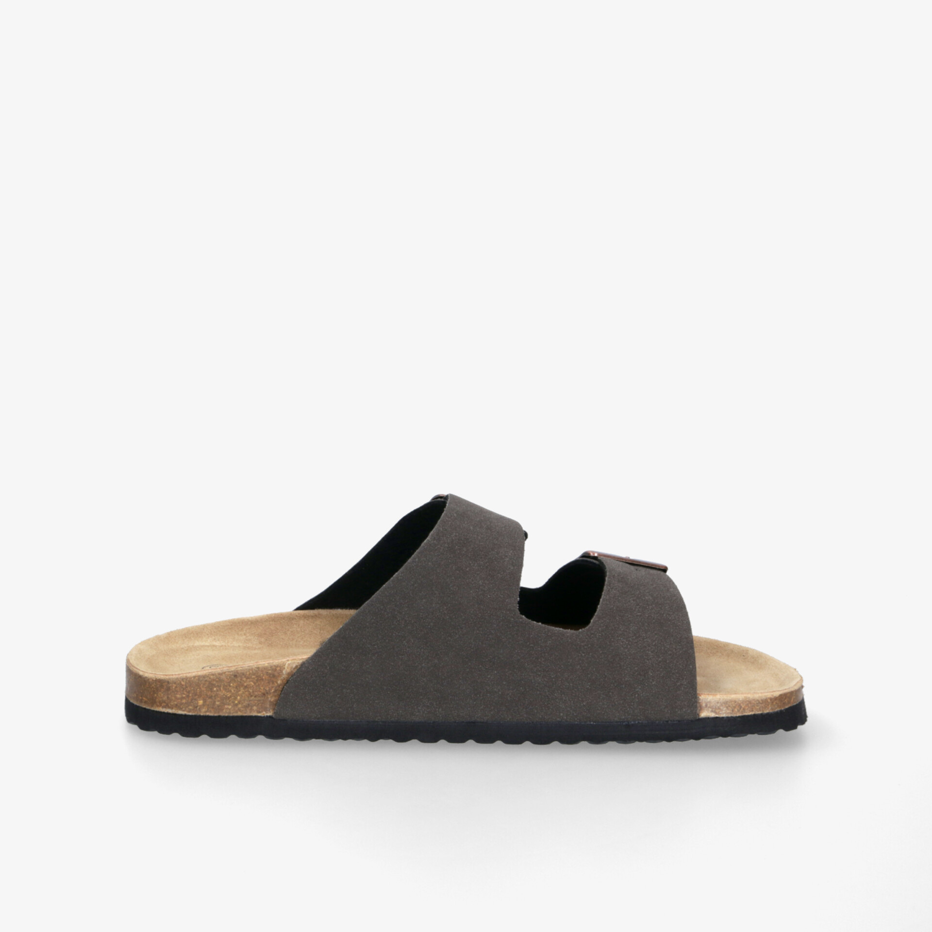 Bequeme graue Pantolette mit weichem Fußbett und rutschfester Sohle, seitliche Ansicht ohne Genderangabe