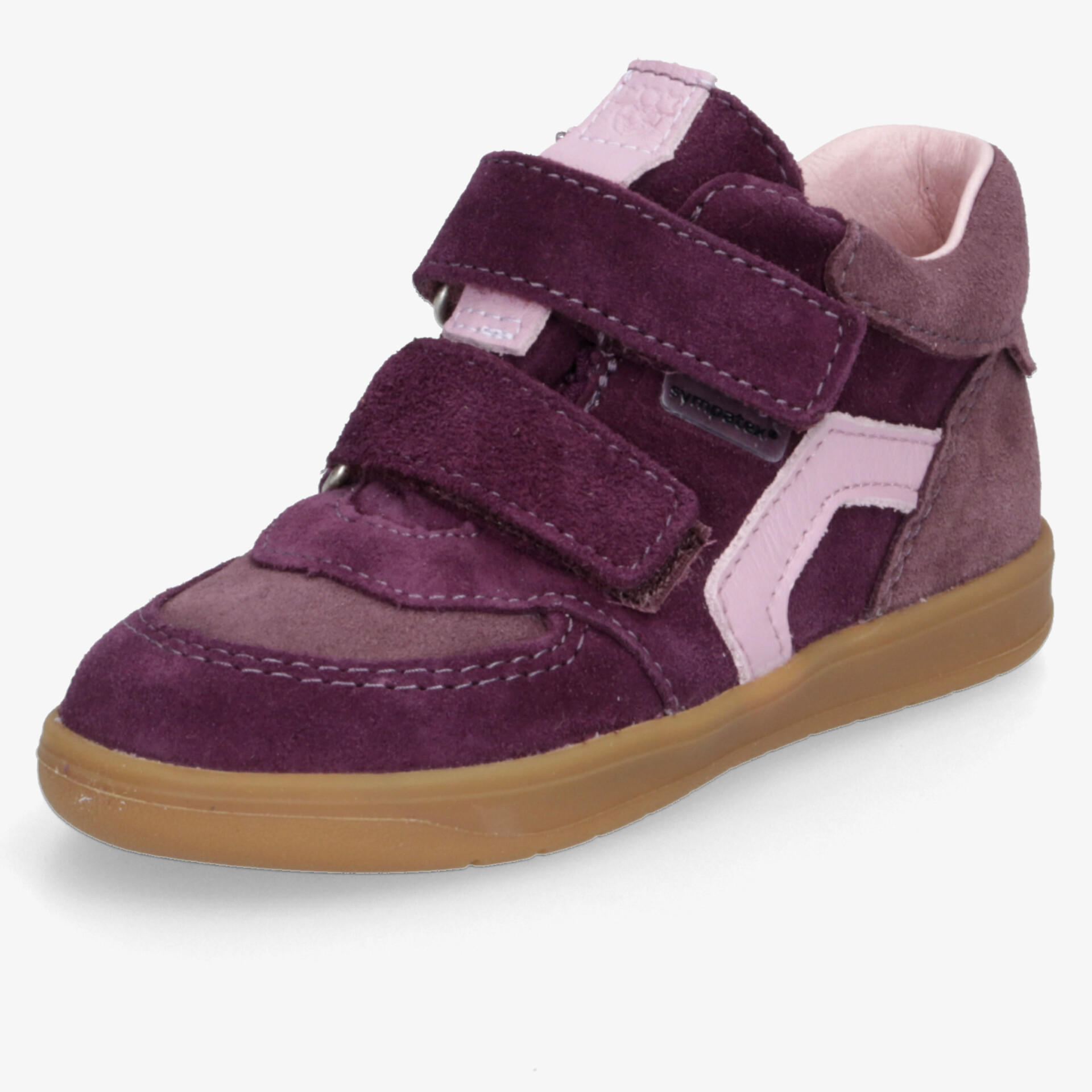 Bequemer lila Kindersneaker aus Wildleder mit flexiblem Klettverschluss und rutschfester Gummisohle