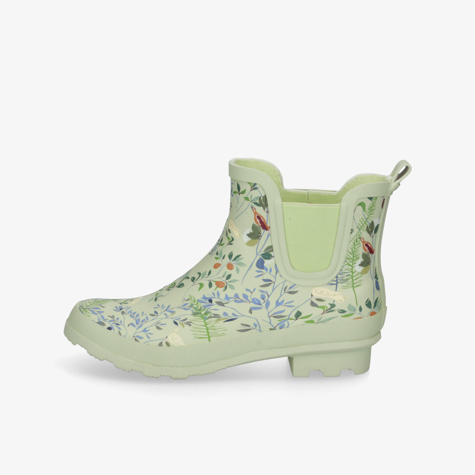 Wasserdichter grüner Regenstiefel mit floralem Muster, rutschfester Sohle und flexiblem Komfort seitlich sichtbar