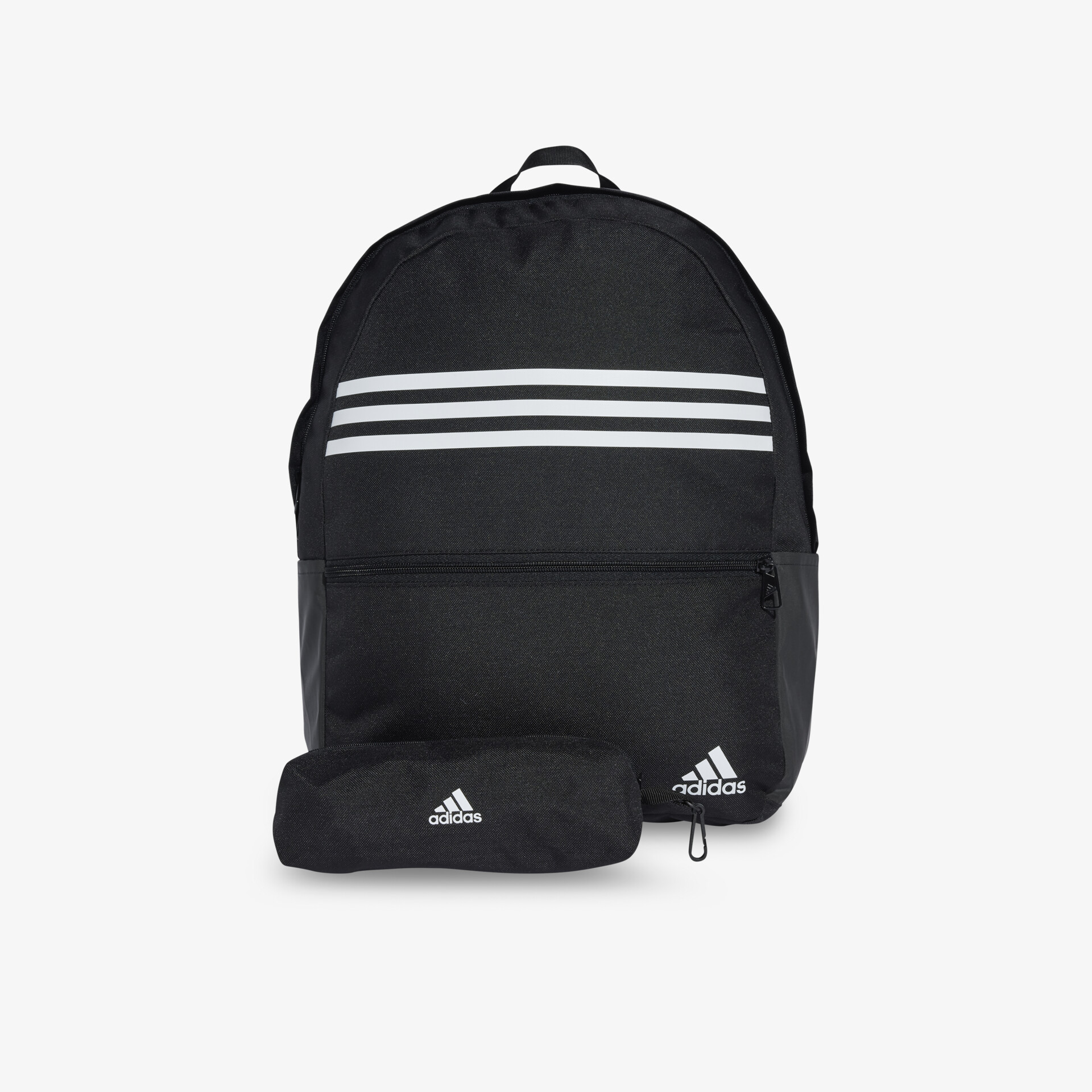 Schwarzer Adidas Rucksack mit drei weißen Streifen und passendem Etui, geräumig und funktional für Alltag und Sport
