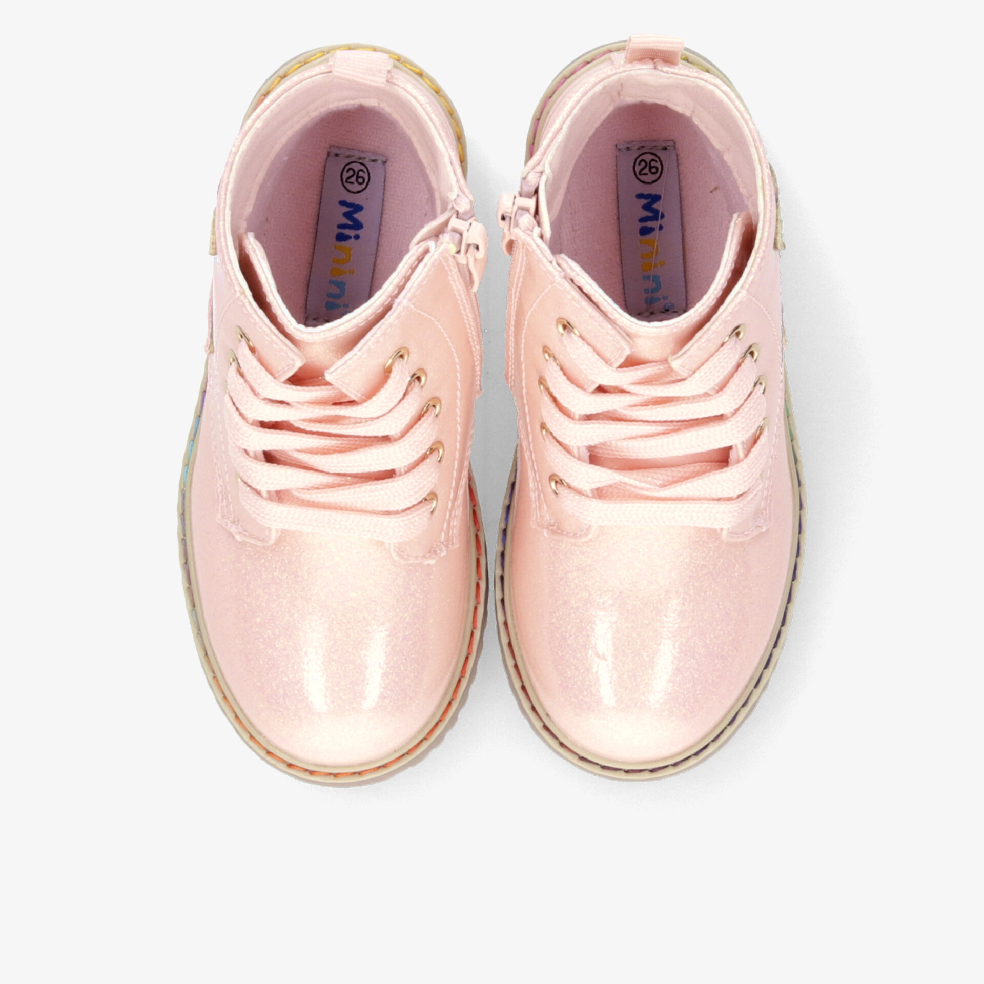 Rosa glänzende Schuhe mit Schnürsenkeln, bequeme Passform und rutschfester Sohle, Paar Draufsicht