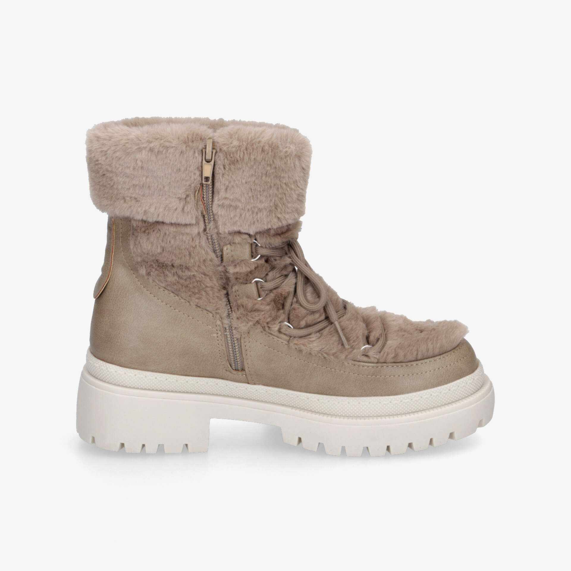 Beige Stiefel mit Plüschfutter und robuster Sohle, ideal für Komfort und Wärme bei kaltem Wetter.