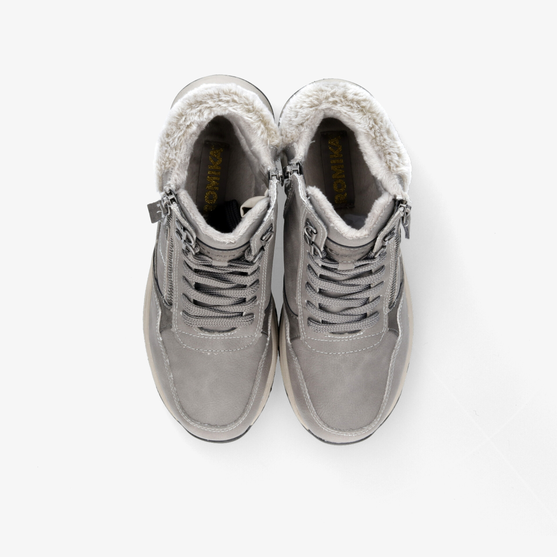 Graue Schuhe mit warmem Fellfutter, stabiler Schnürung und rutschfester Sohle, perfekte Kombination aus Komfort und Schutz