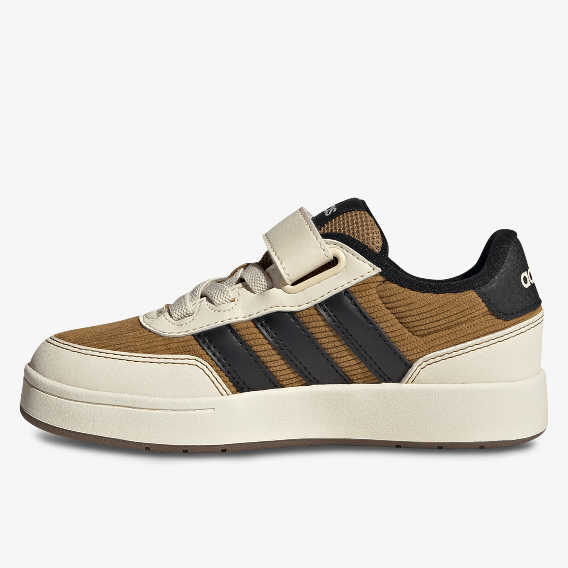 Seitliche Ansicht eines braunen Sneaker mit bequemer Sohle und strapazierfähigem Material, moderner sportlicher Stil