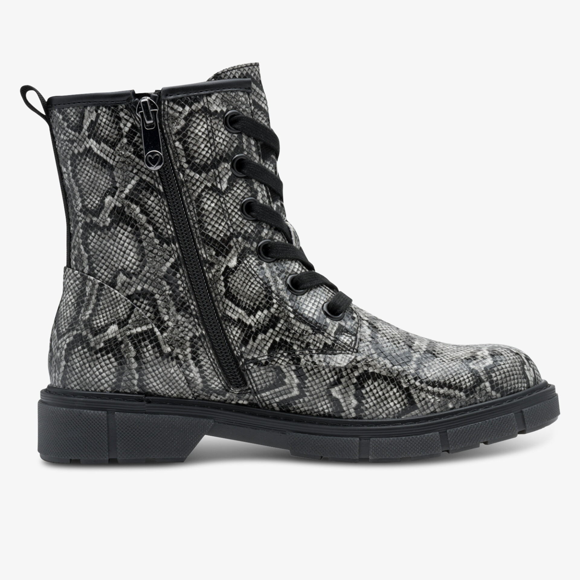 Stylischer Schnürstiefel in Schlangenleder-Optik mit Reißverschluss und robuster rutschfester Sohle