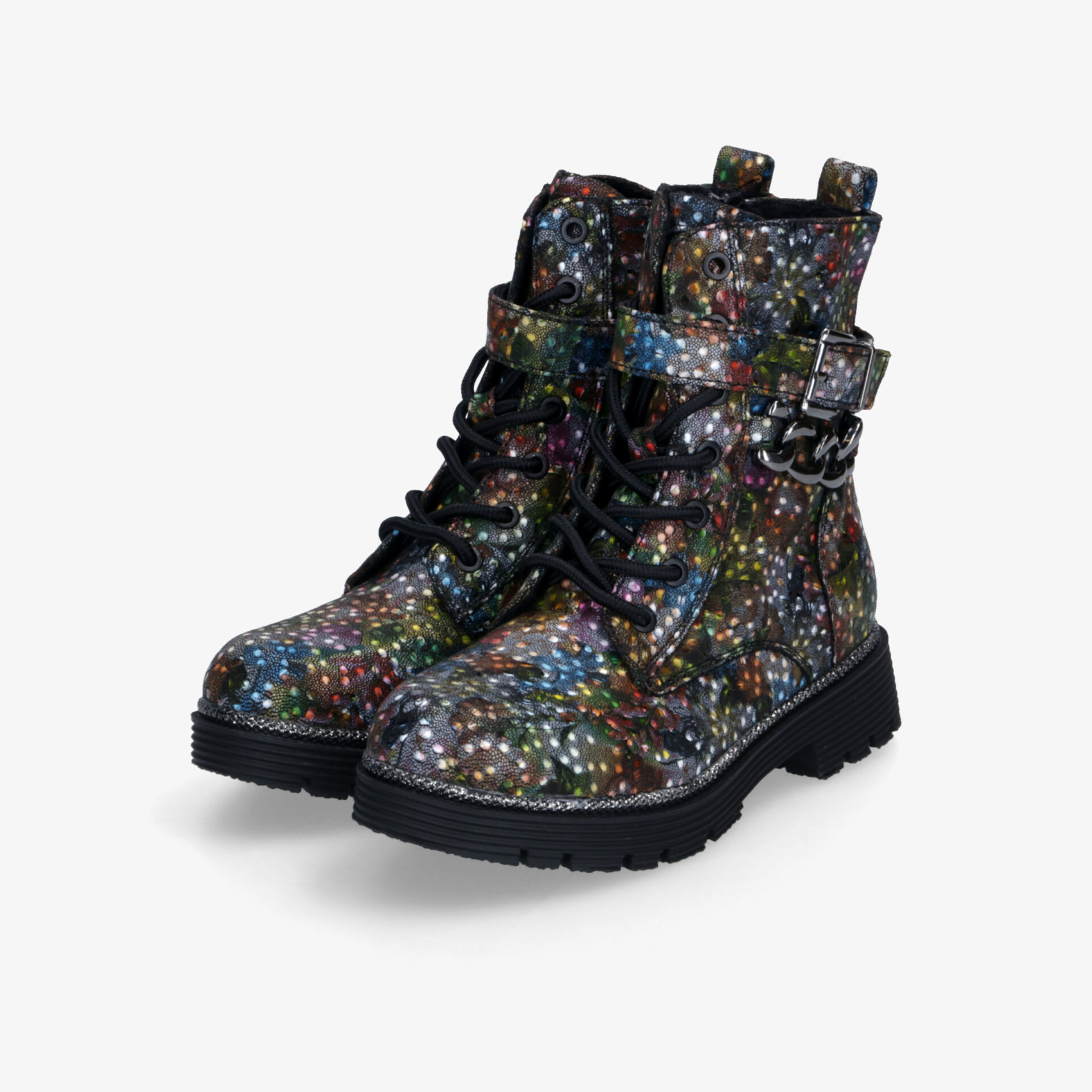 Robuste, knöchelhohe Stiefel mit buntem Muster, Schnallenverschluss und rutschfester Sohle für bequemen Halt