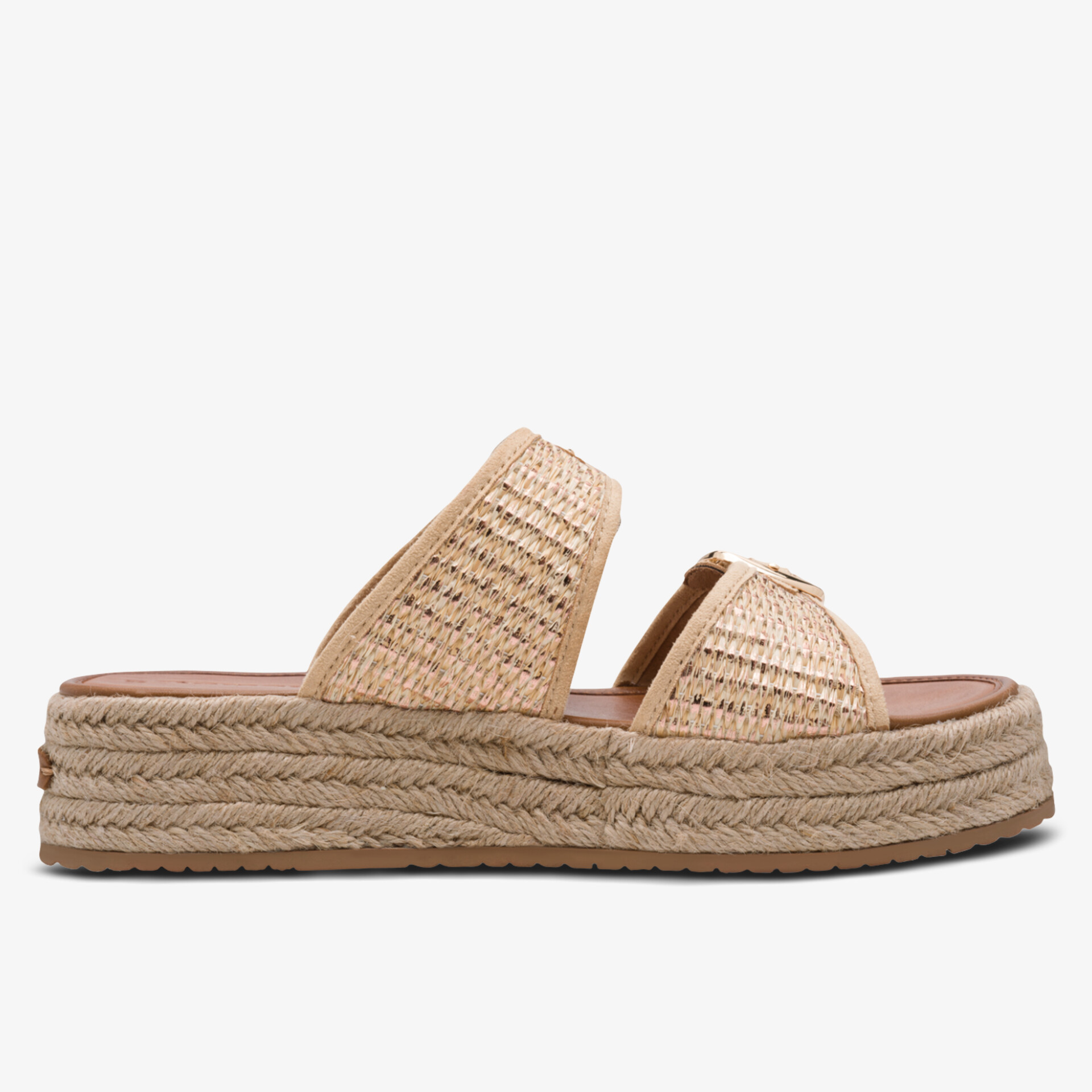 Seitenansicht eines bequemen Sandals mit geflochtenem Obermaterial und dicker Espadrille-Plateau-Sohle